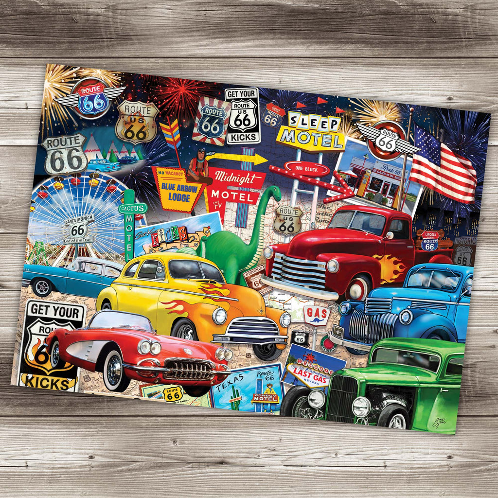 Vintage-style poster with classic cars, Route 66 signs, and American flags on a wooden surface.