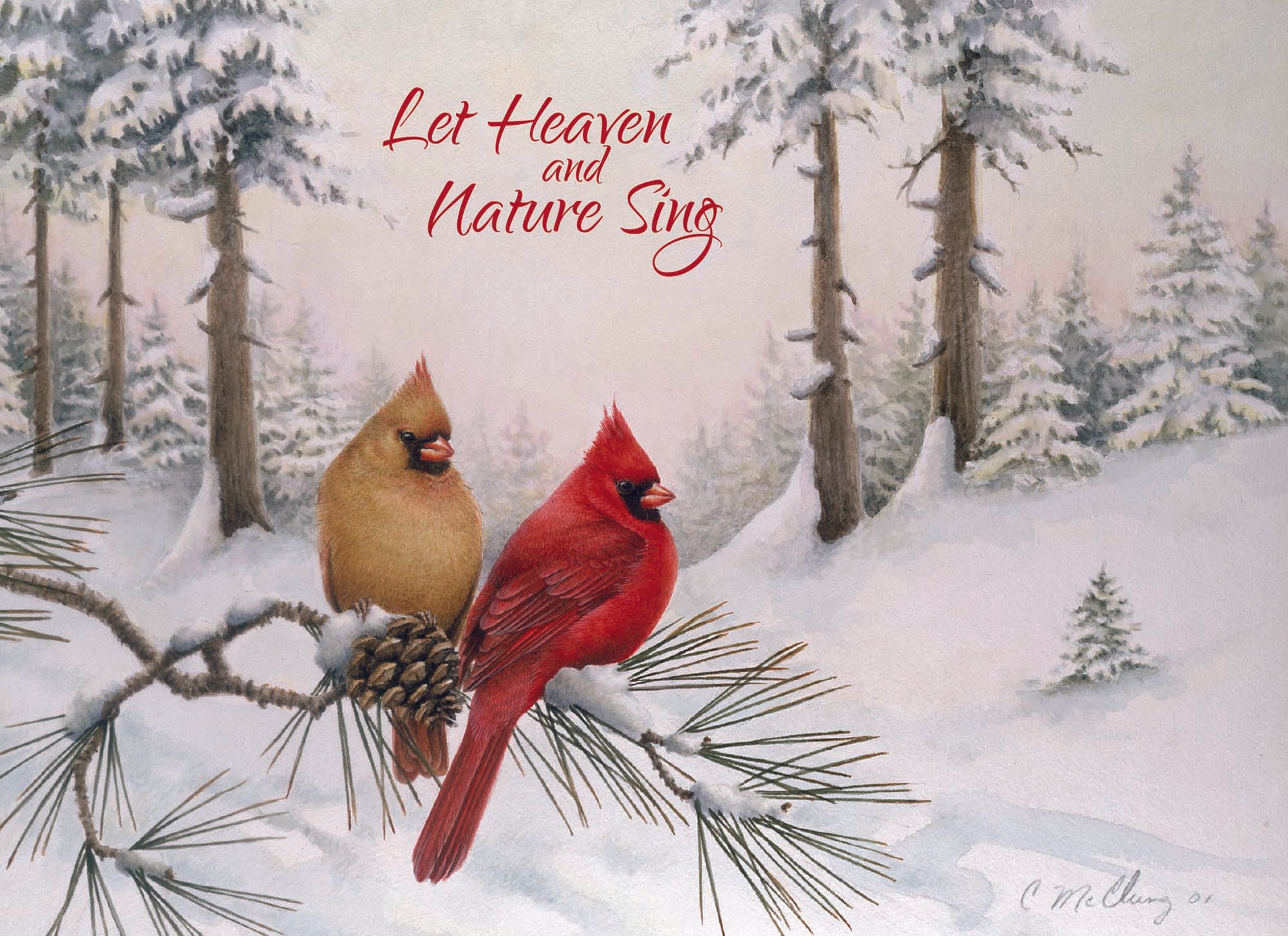 Birds on snowy forest card