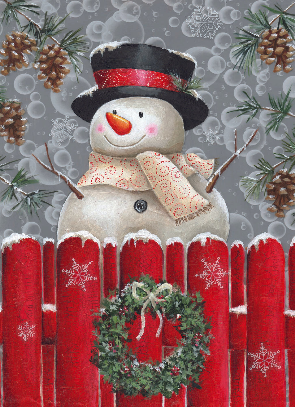 Snowman close to a red fence Card