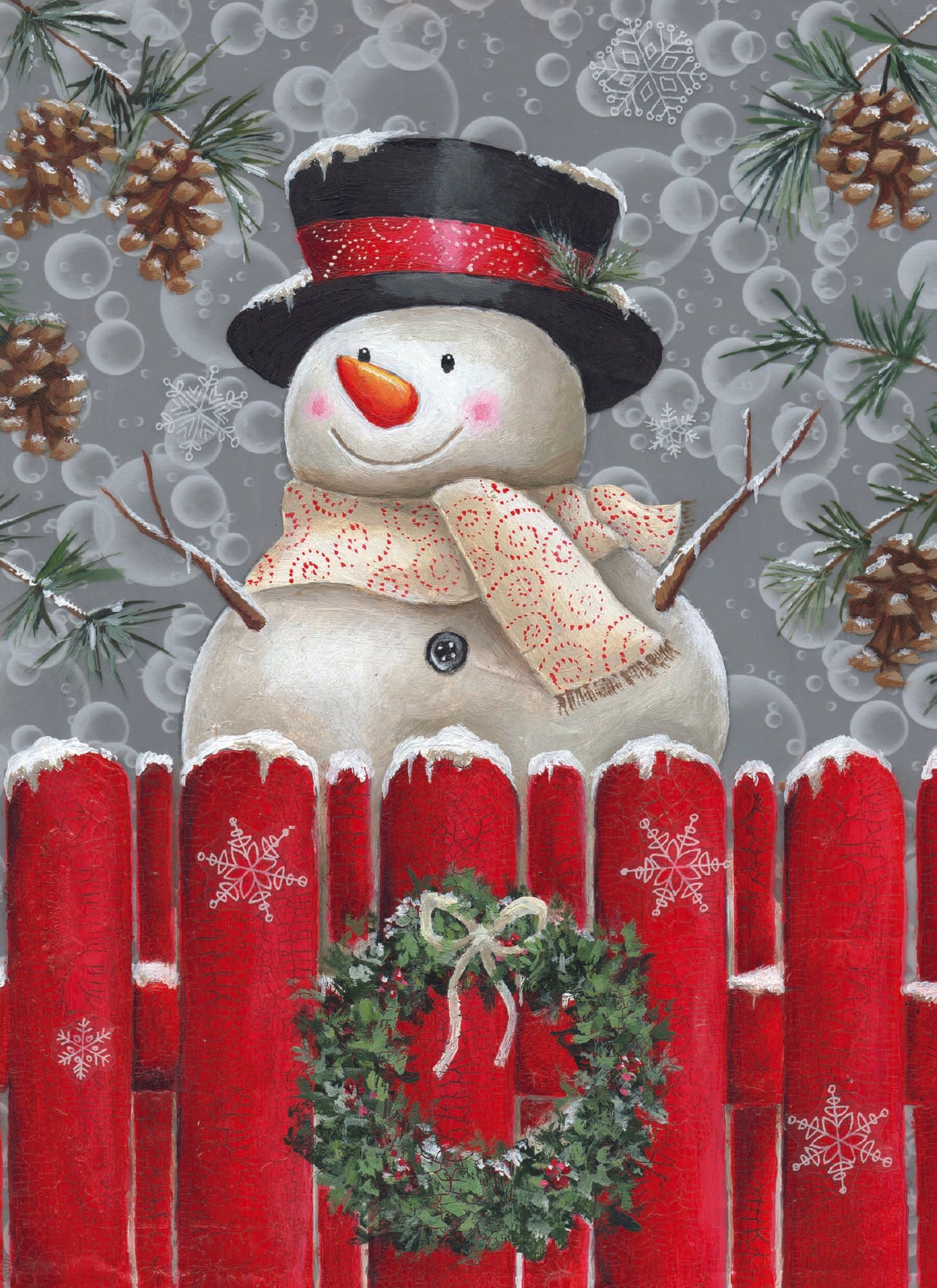 Snowman close to a red fence Card