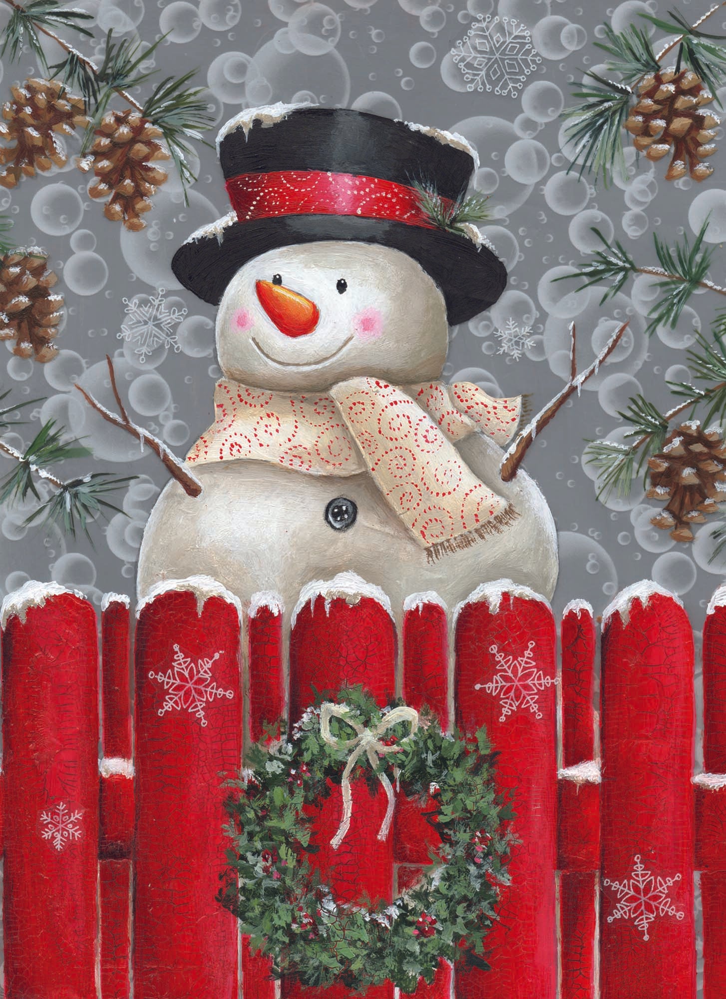 Snowman close to red fence Card