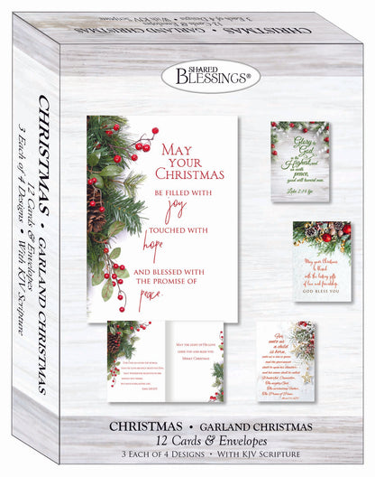 Religious Christmas Cards by Shared Blessings - Garland Christmas - 12 Assorted Cards with KJV Scripture