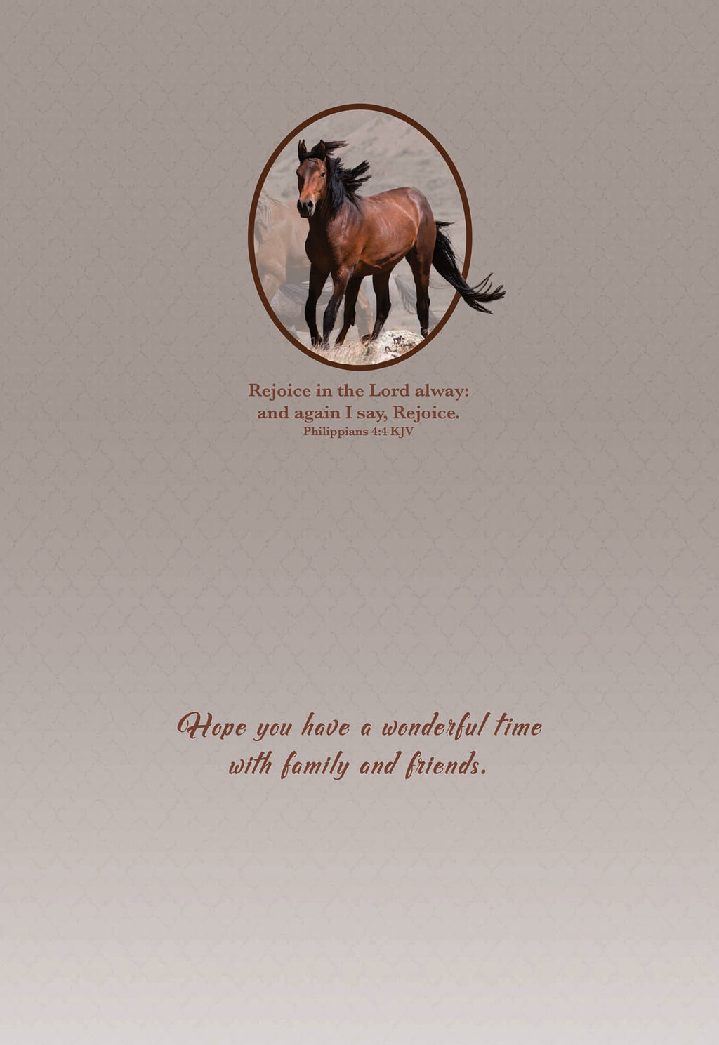 Wild Horse Birthday card "Rejoice in the lord always and again I say, Rejoice.  Hope you have a wonderful time with family and friends."