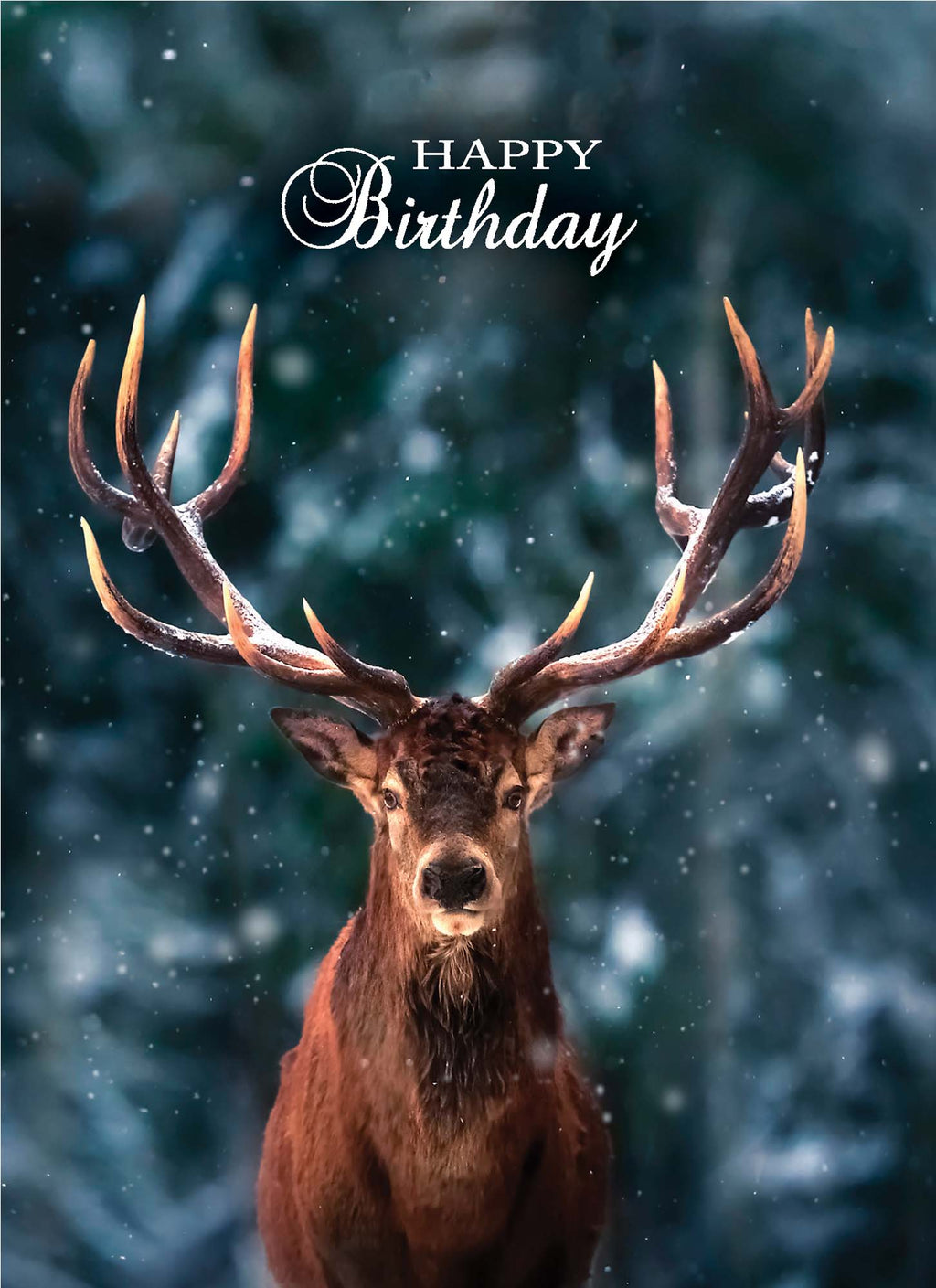 Stag with large antlers in a forest setting with 'Happy Birthday' text.