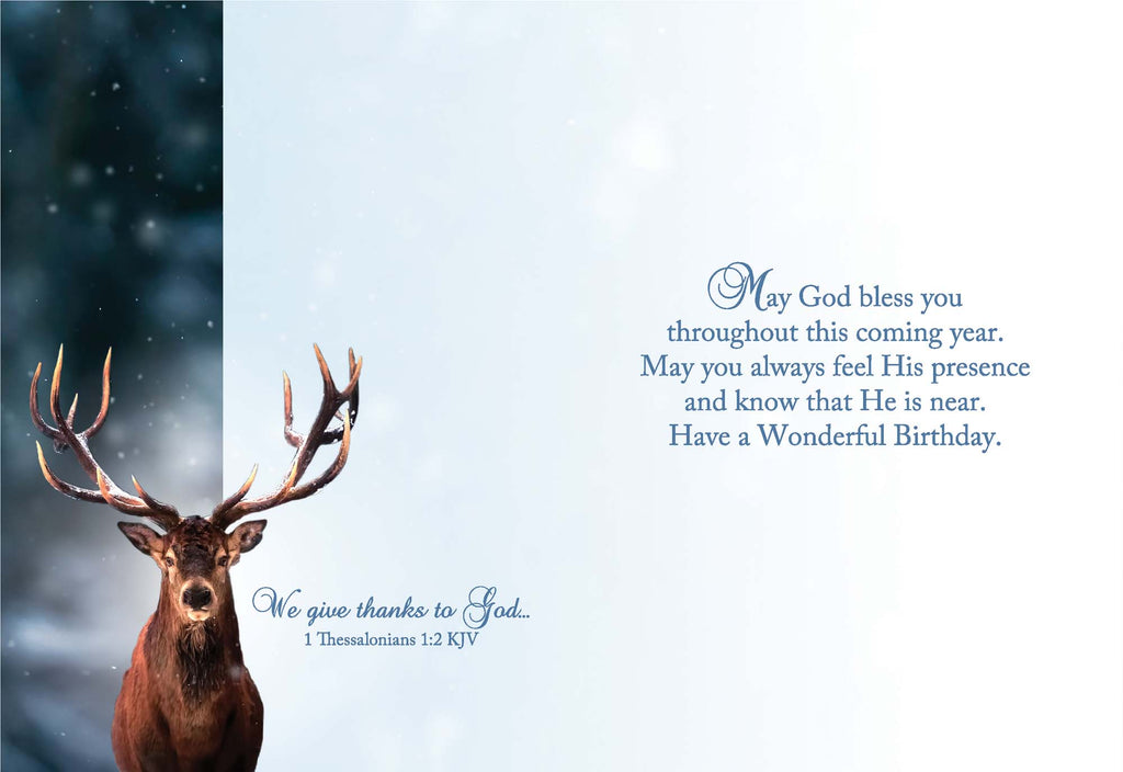 Stag with a message of birthday wishes and Bible verse on a blue background