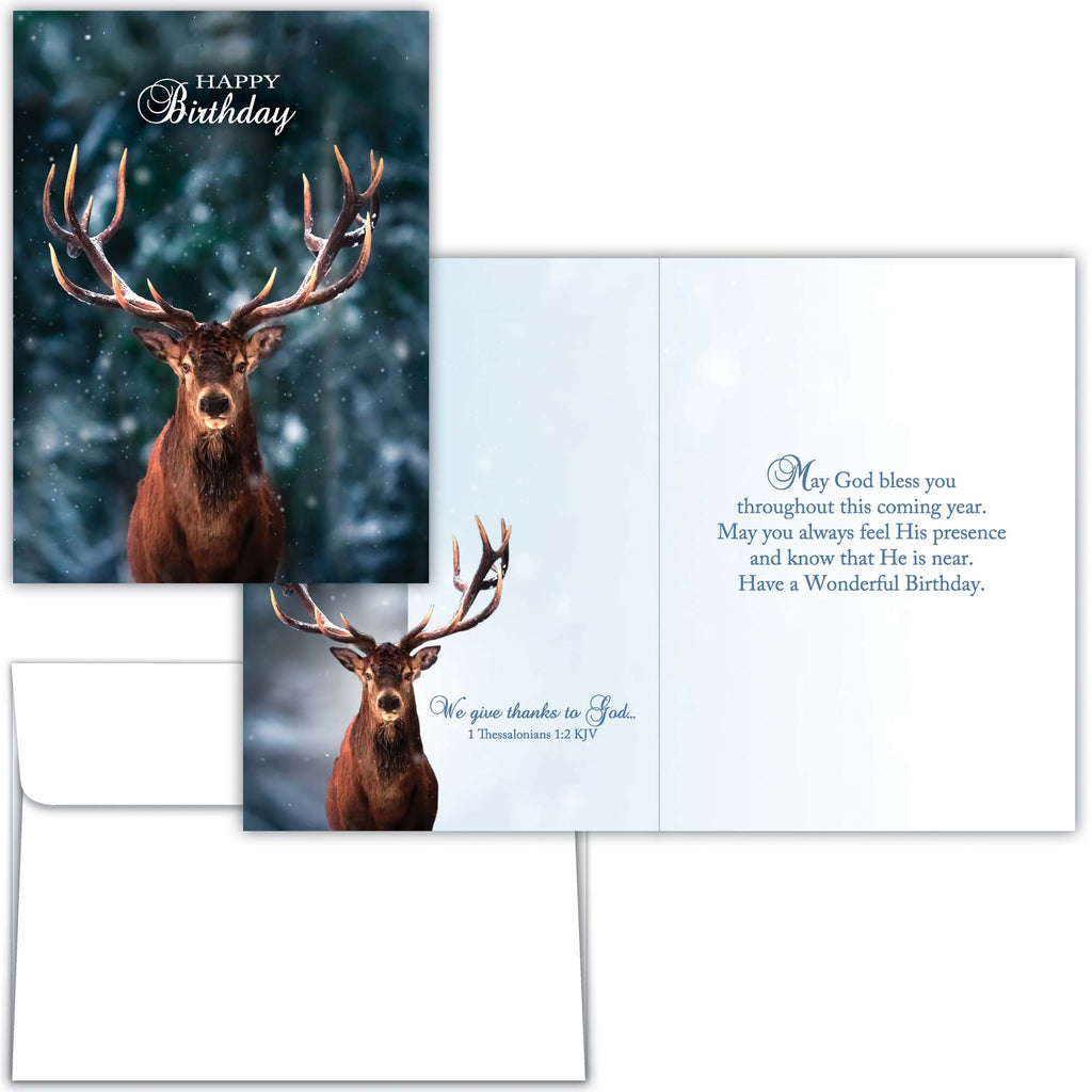 Birthday card with a deer in a forest and religious text