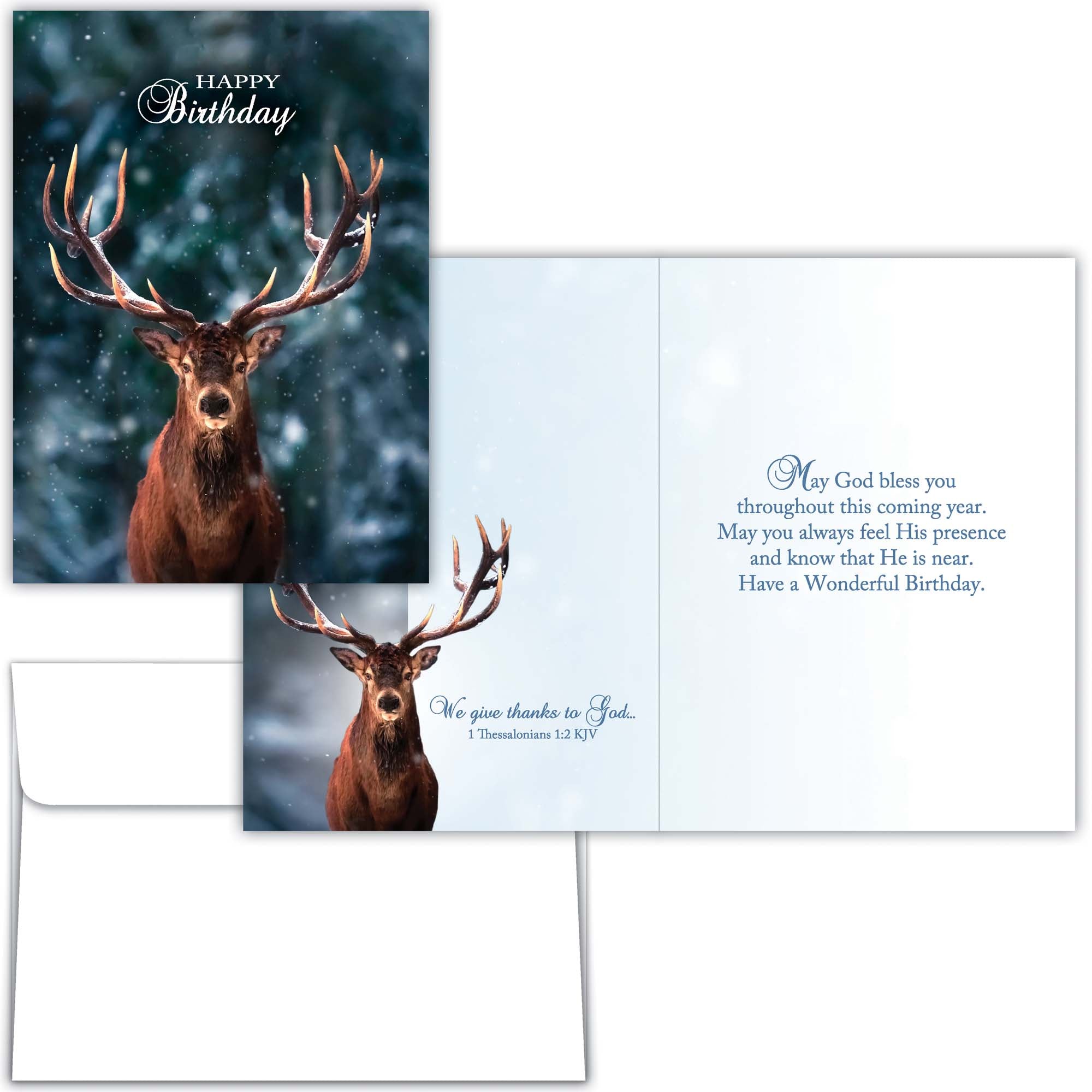 Birthday card with a deer in a forest and religious text
