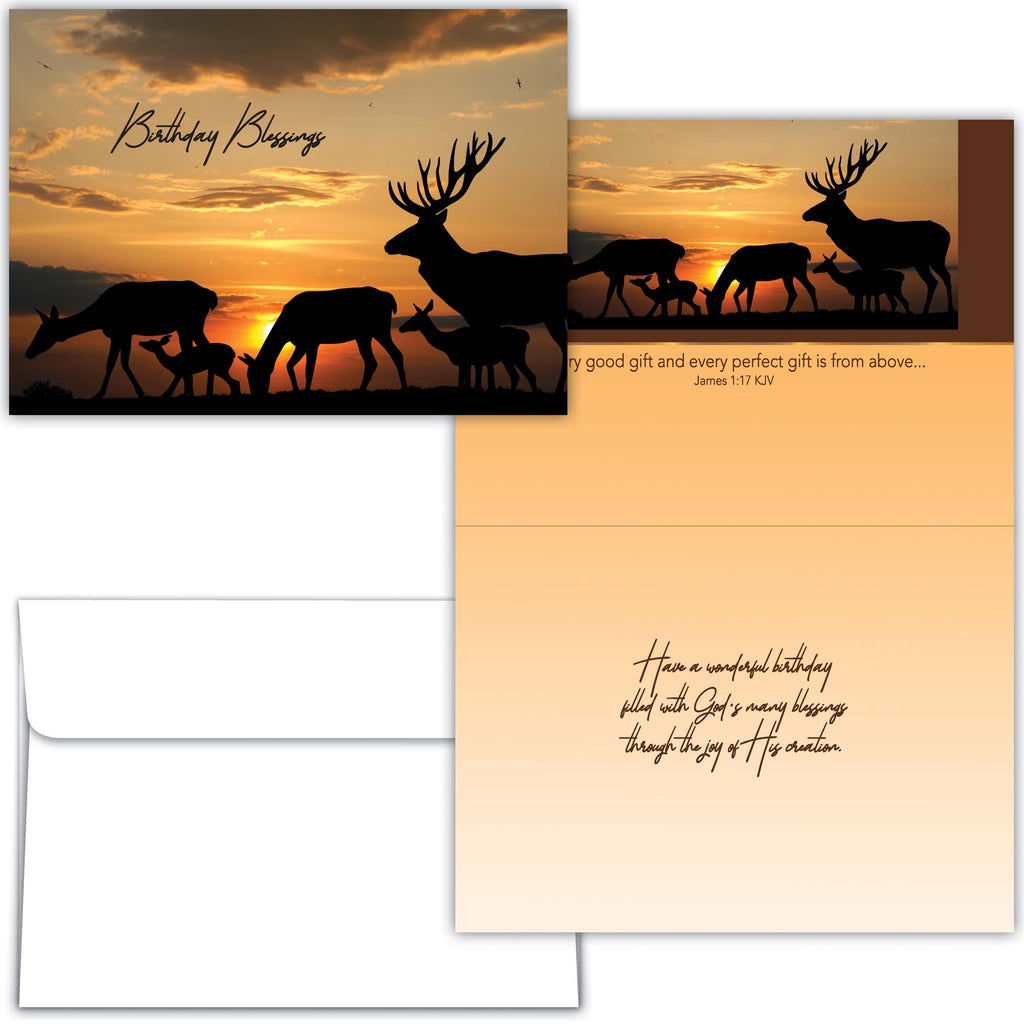 Silhouette of deer family at sunset with religious text on card and envelope.