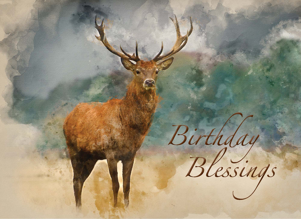 Stag with 'Birthday Blessings' text on a watercolor background
