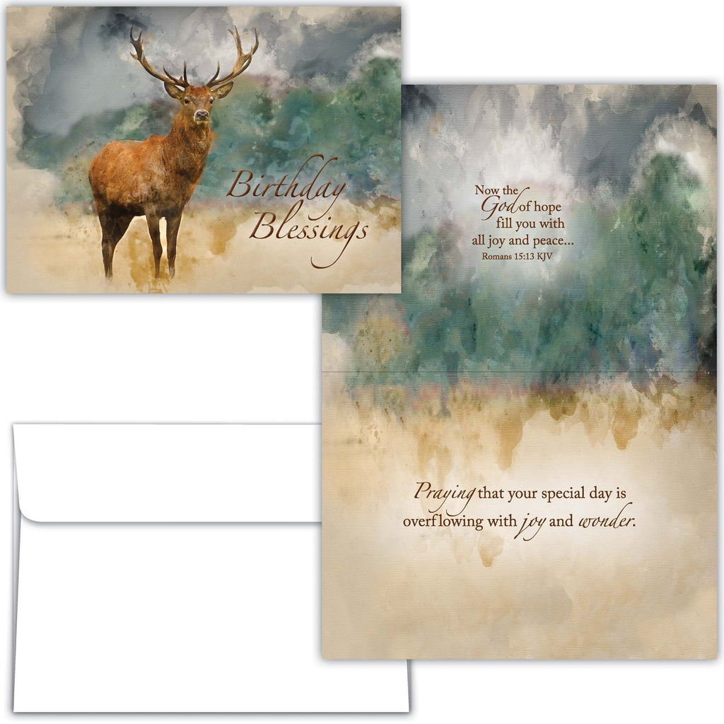 Two birthday cards with a deer illustration and scenic backgrounds, featuring religious text.
