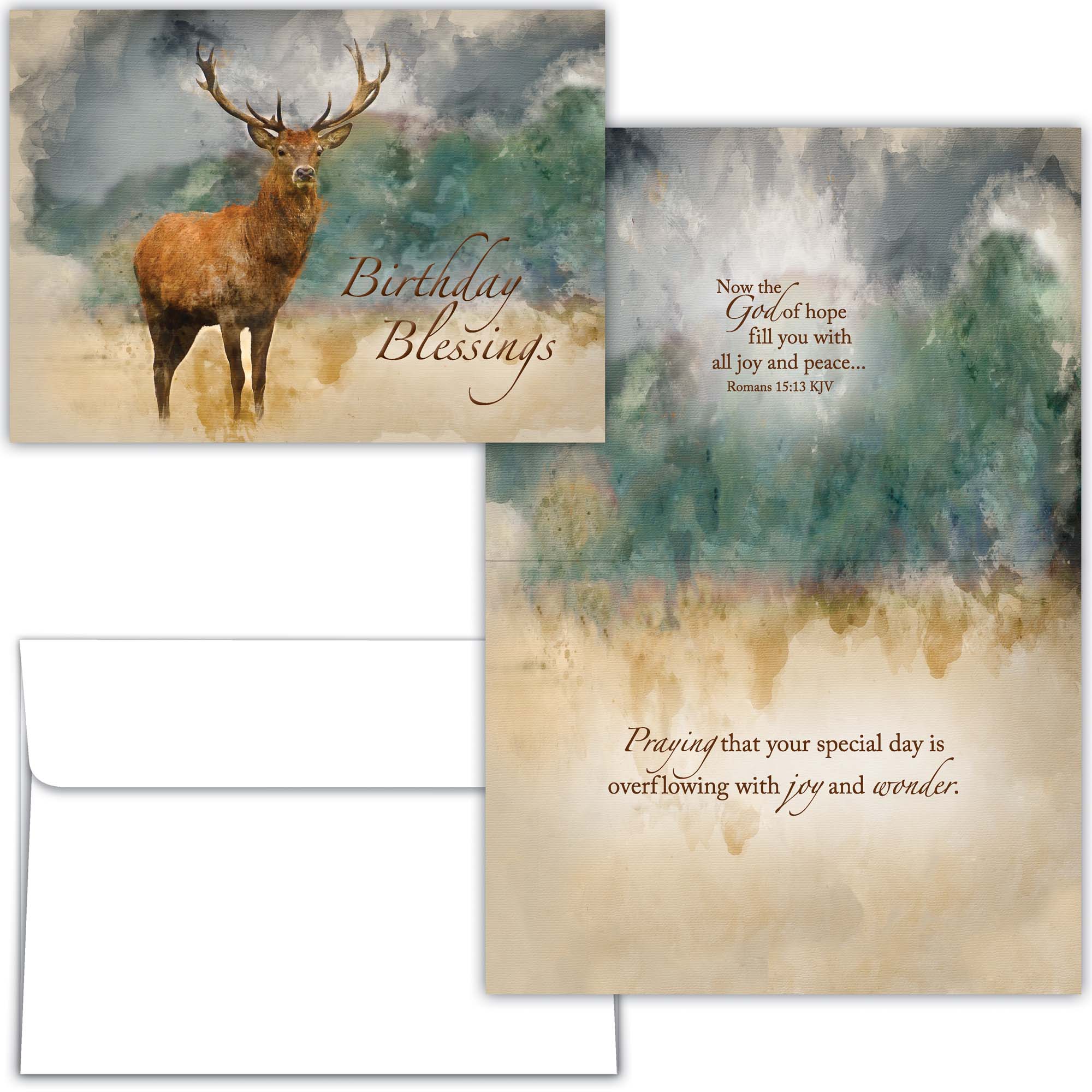 Two birthday cards with a deer illustration and scenic backgrounds, featuring religious text.