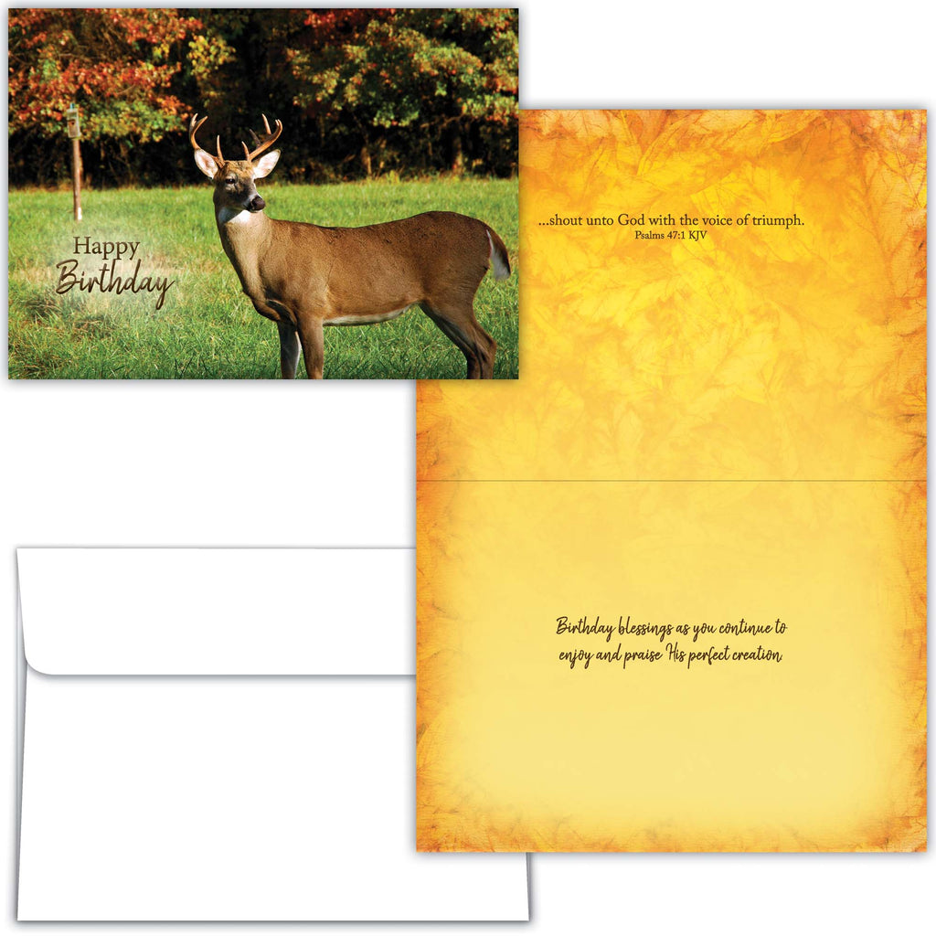 Birthday card with deer illustration and Bible verse on a textured yellow background