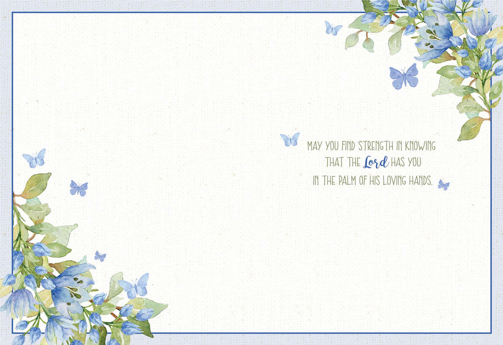 Floral design with blue flowers and butterflies on a white background