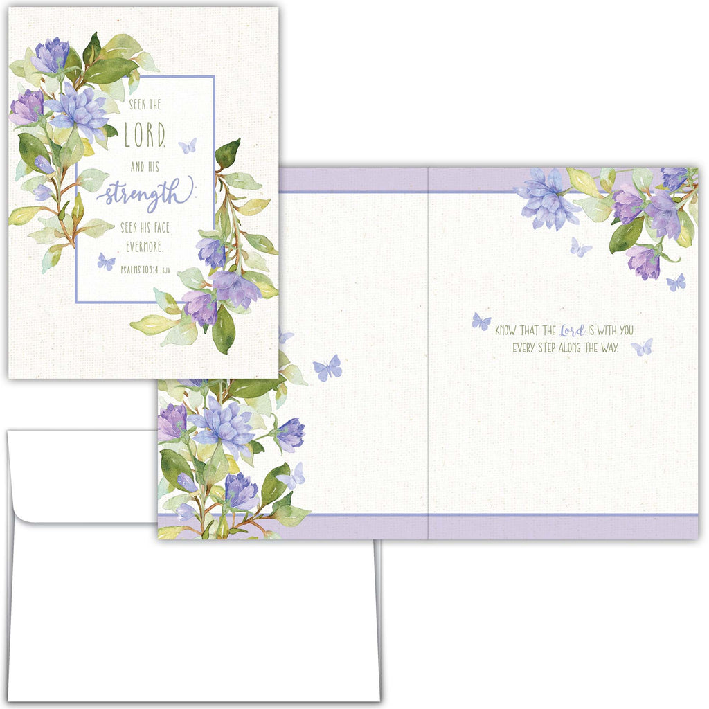 Floral card set with envelopes featuring purple flowers and green leaves on a white background.