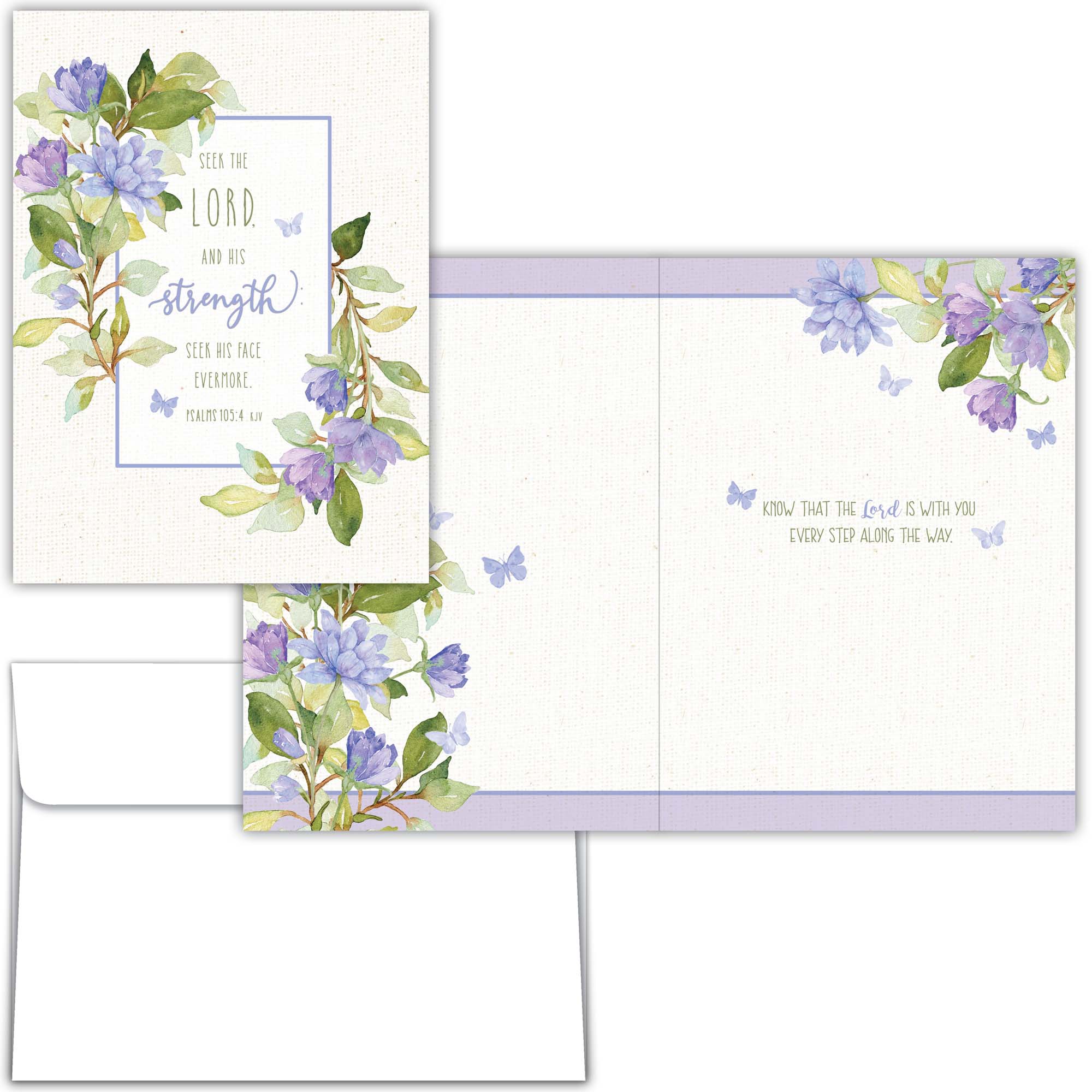 Floral card set with envelopes featuring purple flowers and green leaves on a white background.