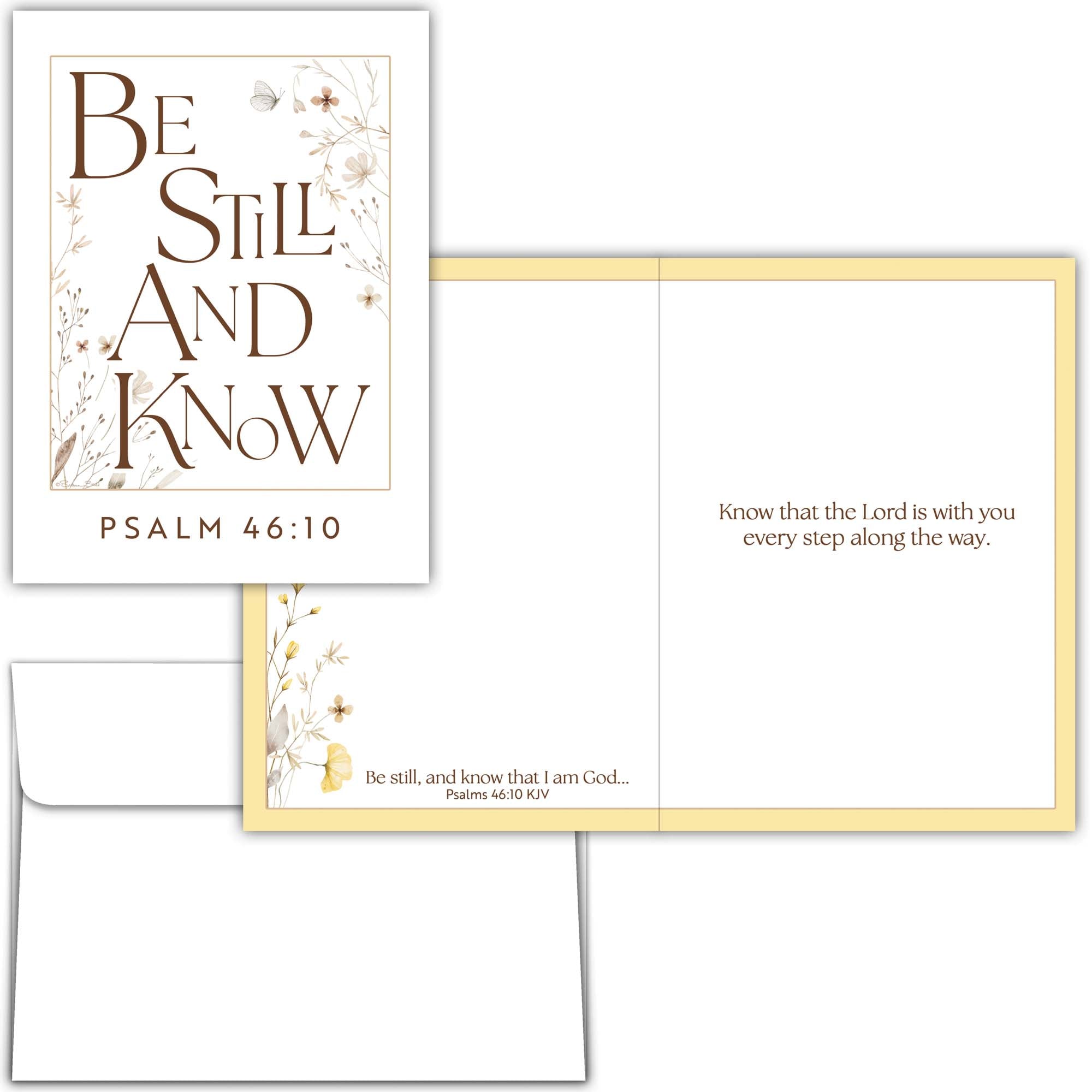 Greeting card with 'Be Still and Know' text and Psalm 46:10 on a white background