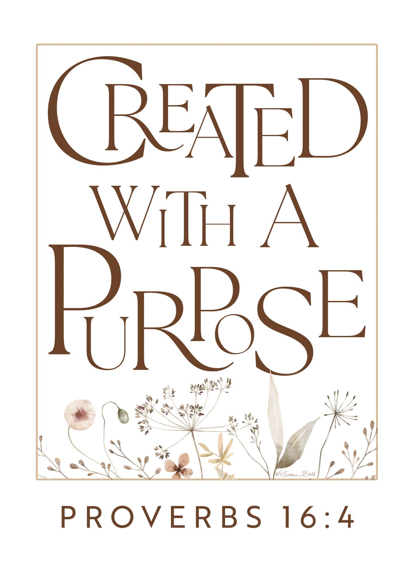 Book cover with 'Created with a Purpose' text and Proverbs 16:4 quote on a beige background