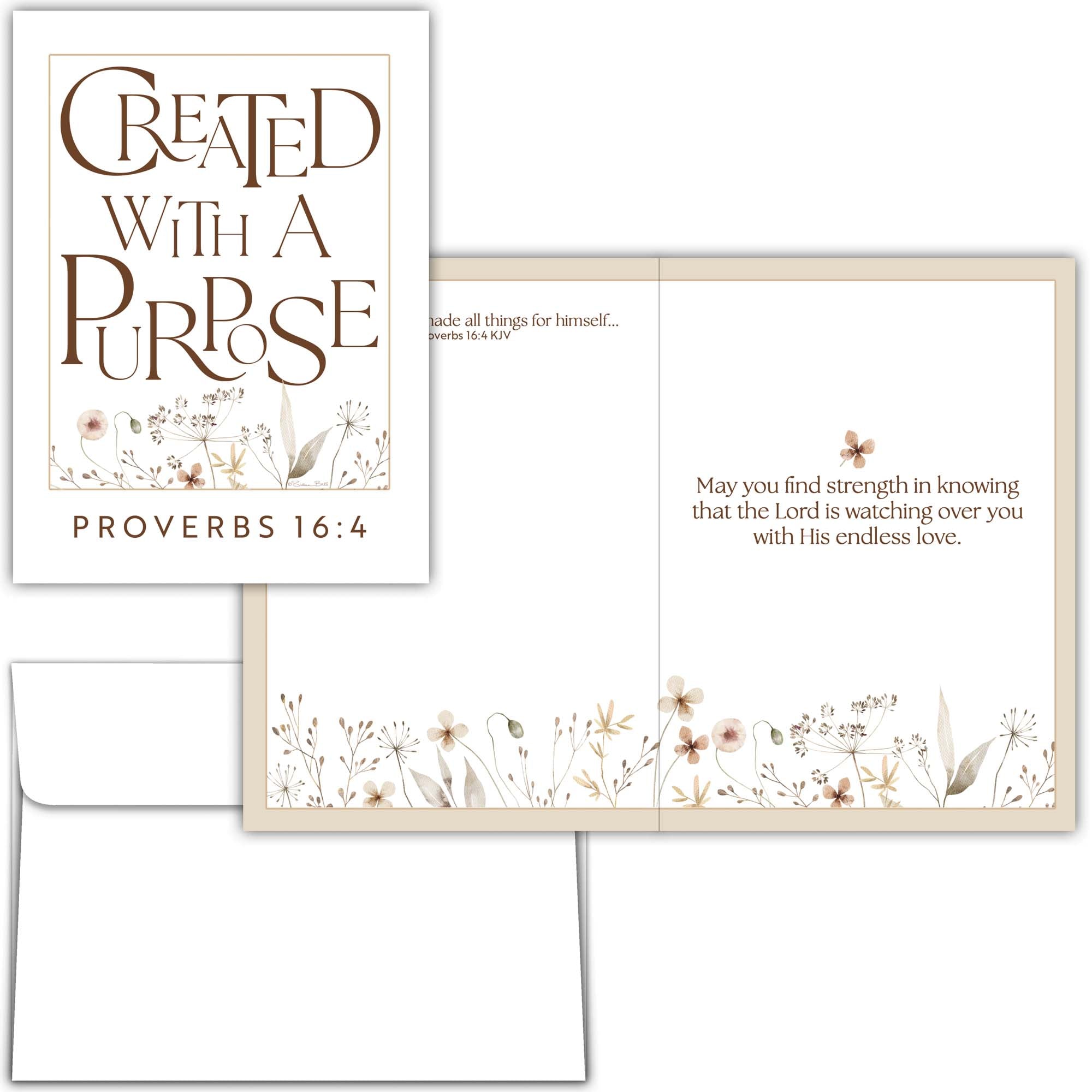 Greeting card with floral design and Proverbs 16:4 text on a white background