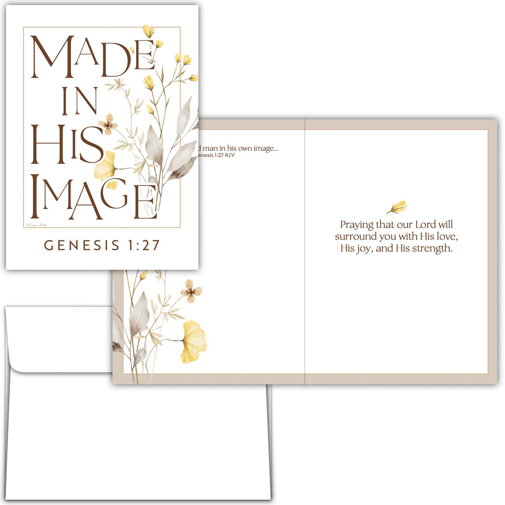 Greeting card with floral design and text about Genesis 1:27 on a white background