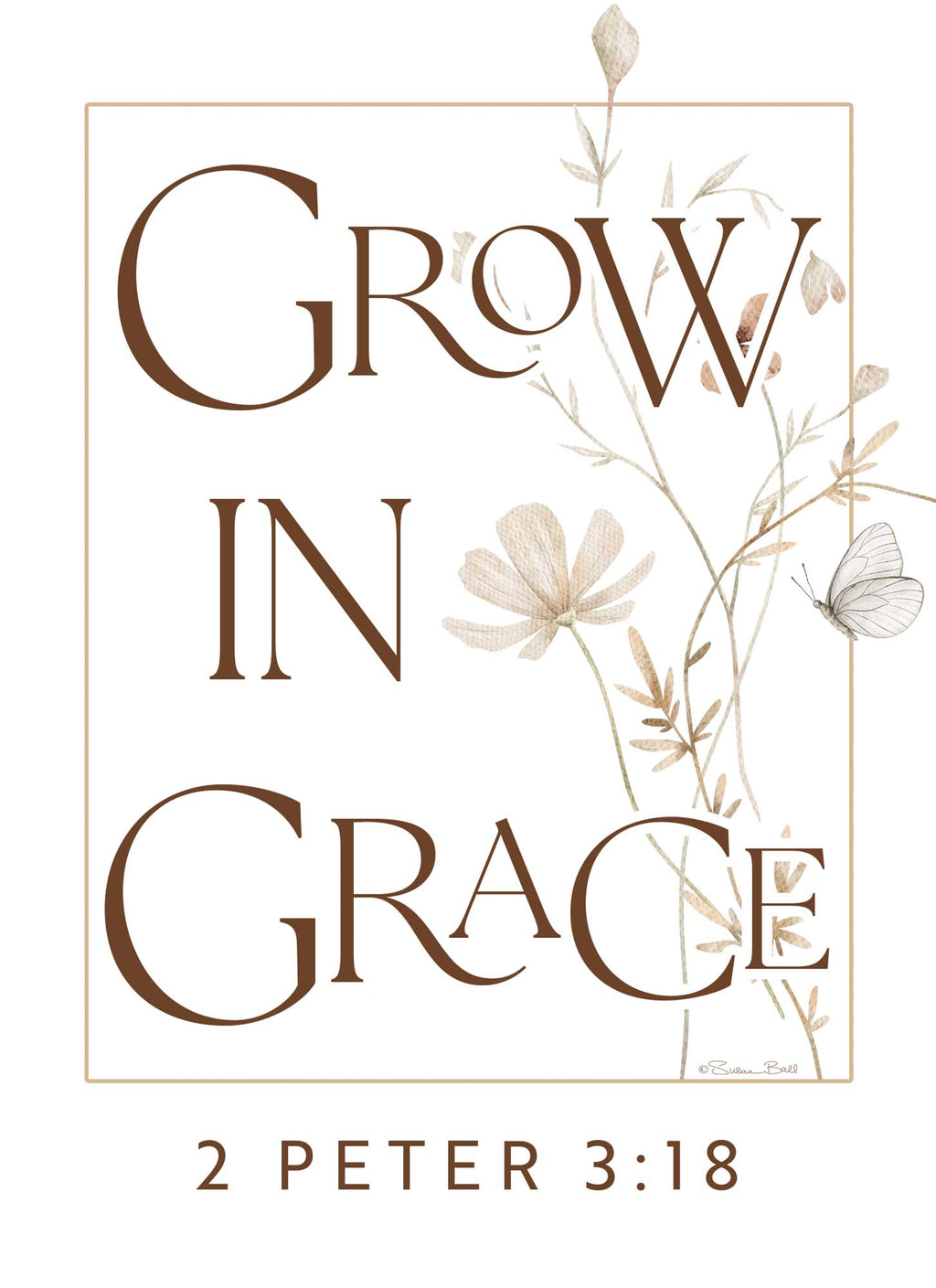 Decorative poster with 'Grow in Grace' text and floral elements on a beige background