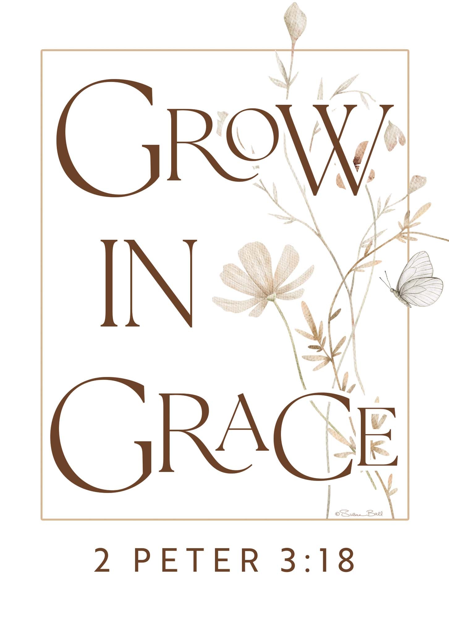 Decorative poster with 'Grow in Grace' text and floral elements on a beige background