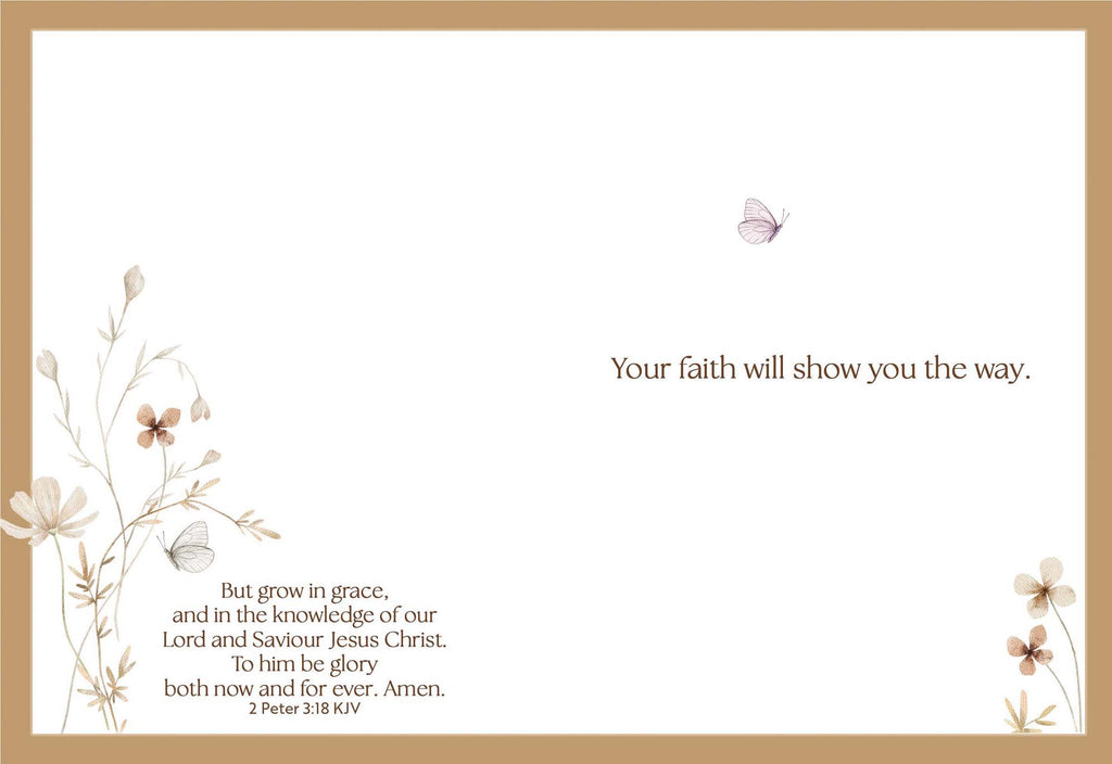 Decorative card with floral elements, a butterfly, and a religious quote on a white background.