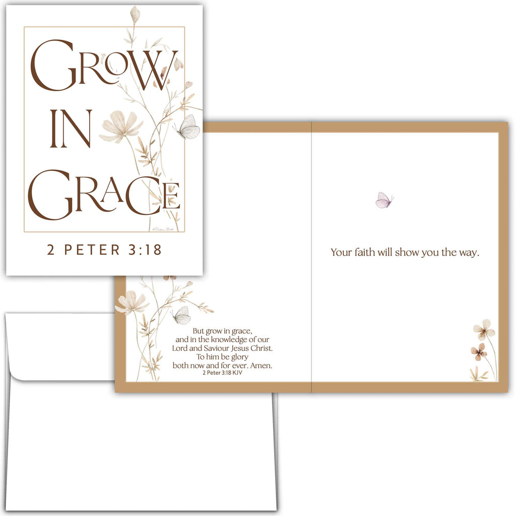 Greeting card with 'Grow in Grace' text and floral design on a white background