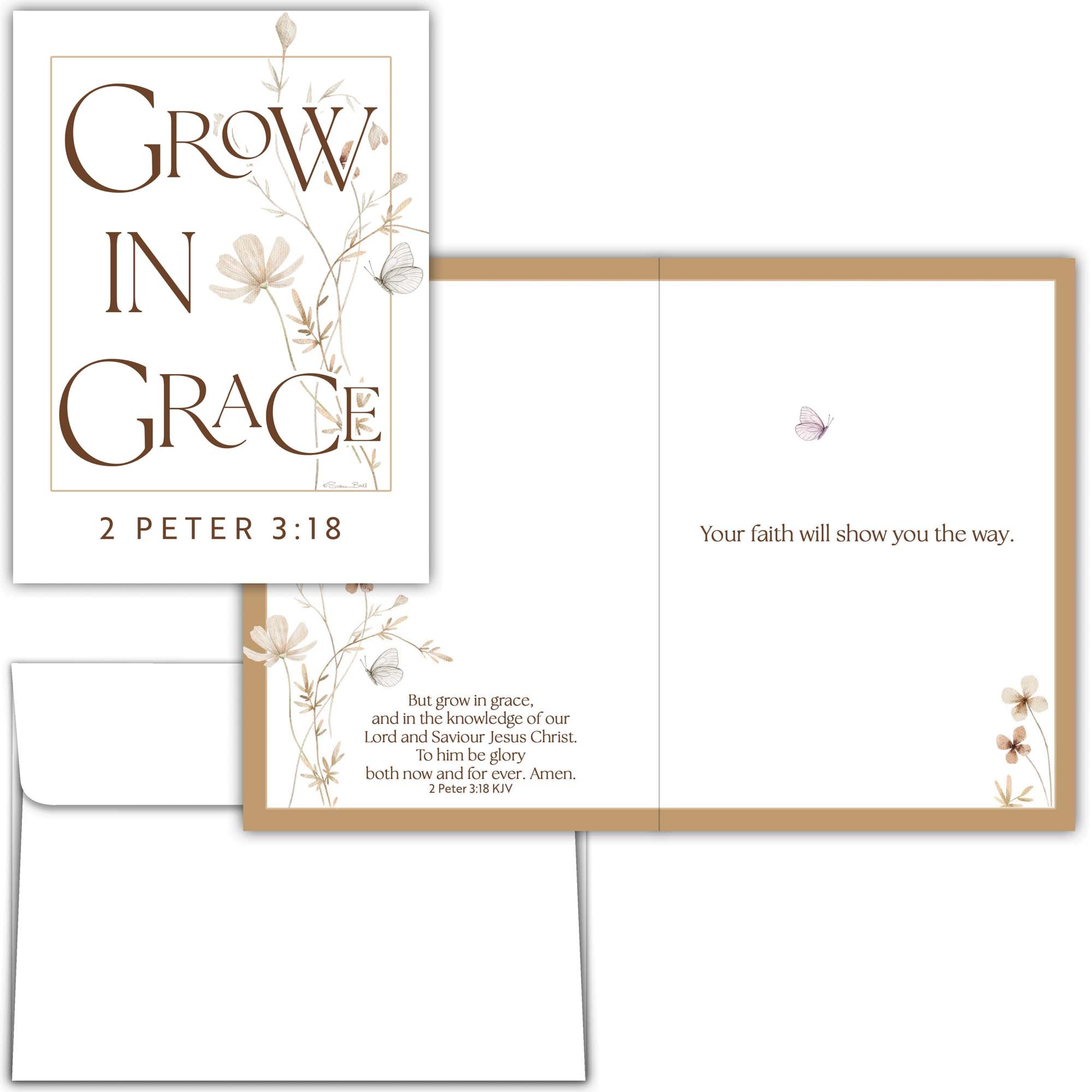 Greeting card with 'Grow in Grace' text and floral design on a white background