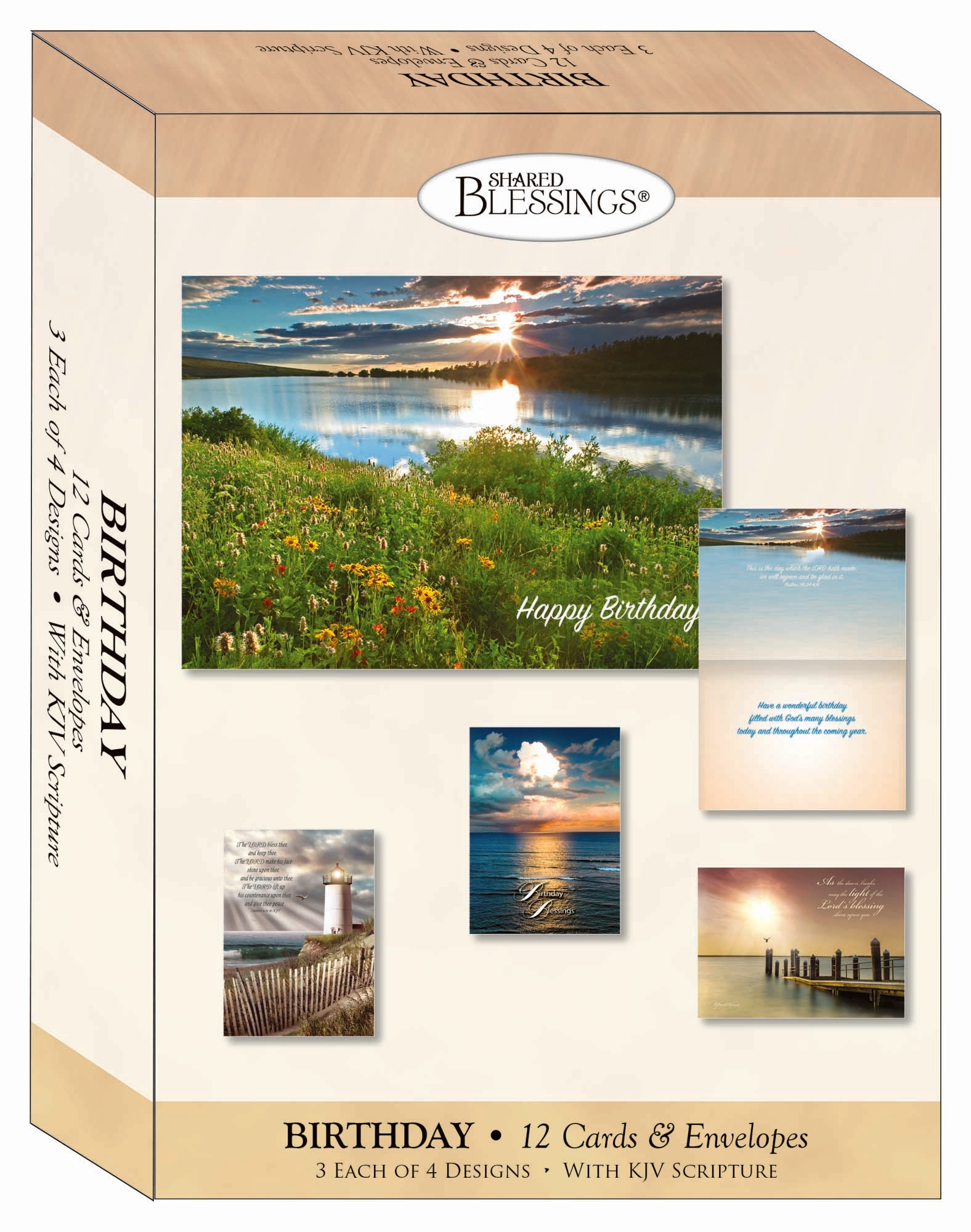 A faith based assortment of boxed birthday cards with outdoor water scenes.