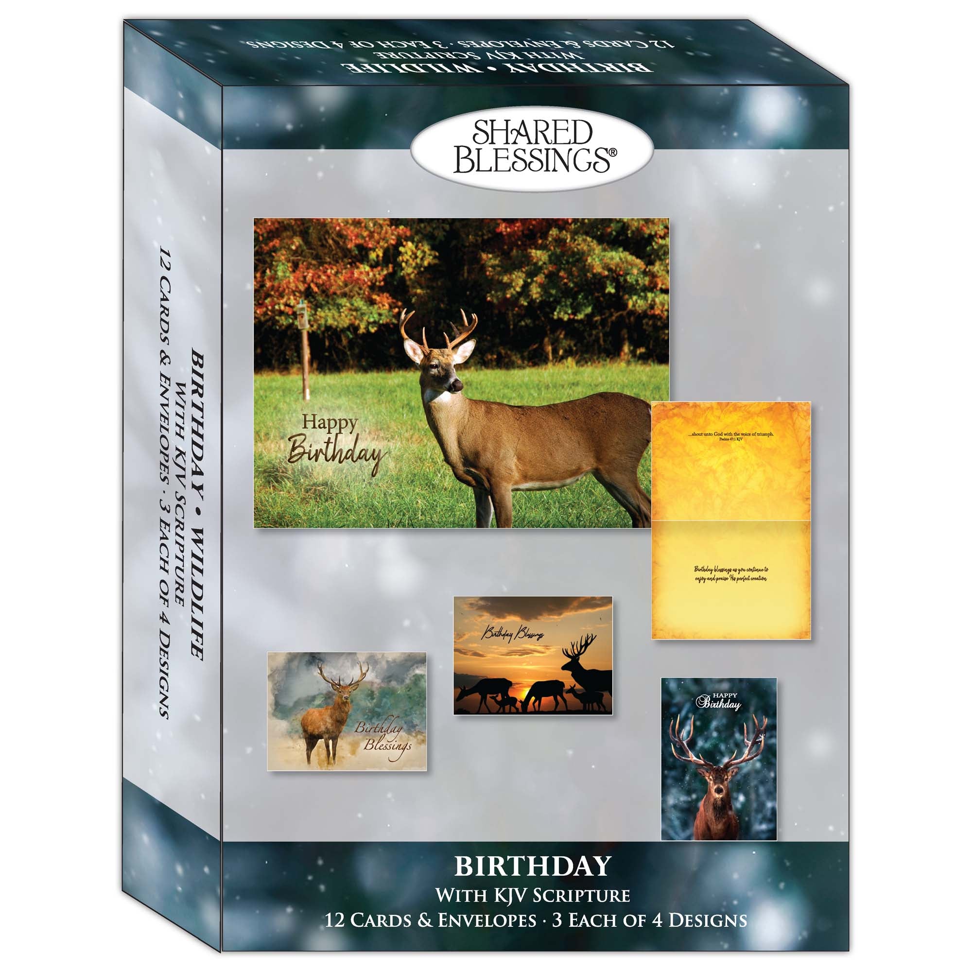 Box of 'Shared Blessings' birthday cards with deer illustrations on a white background