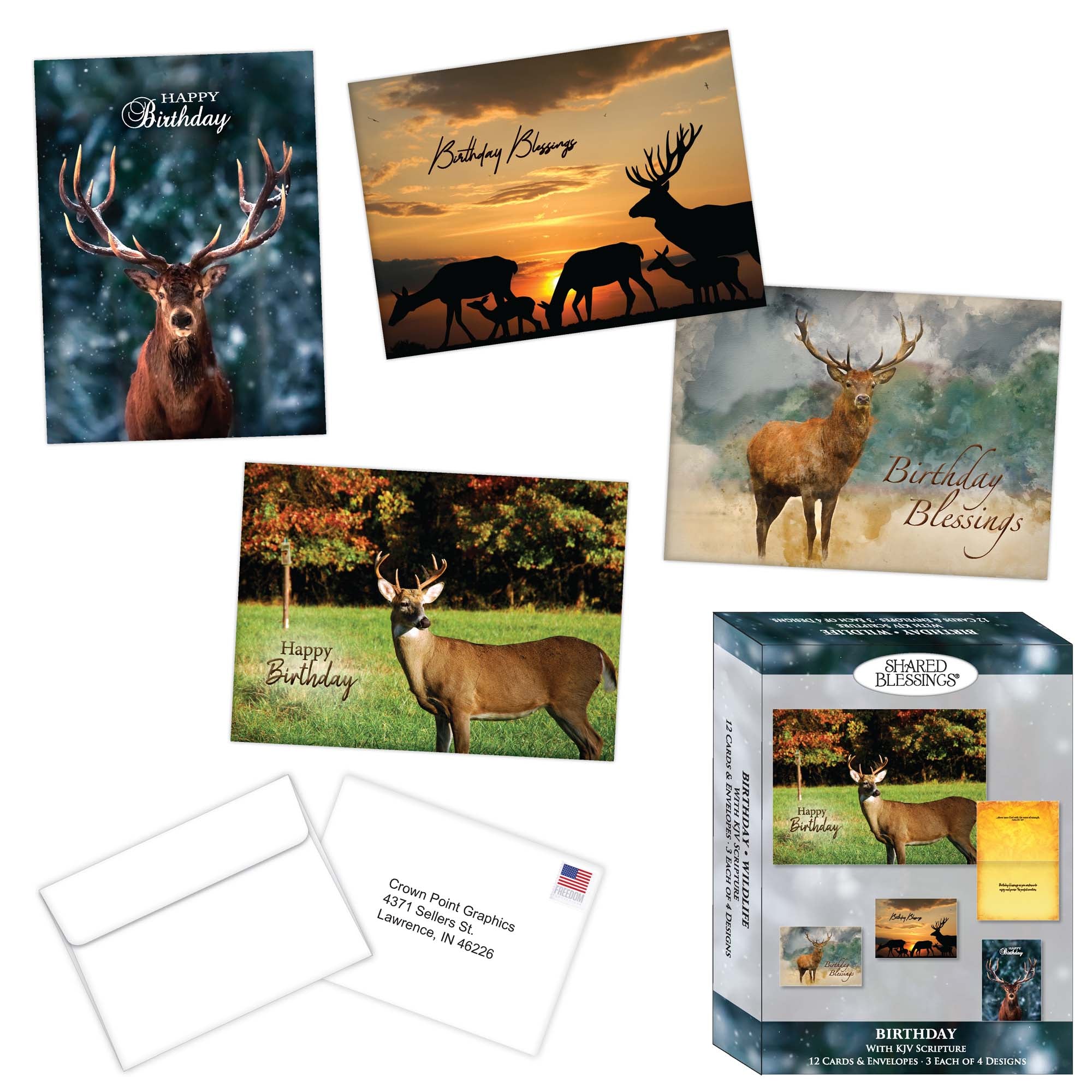Collection of birthday cards with deer designs and a box packaging.