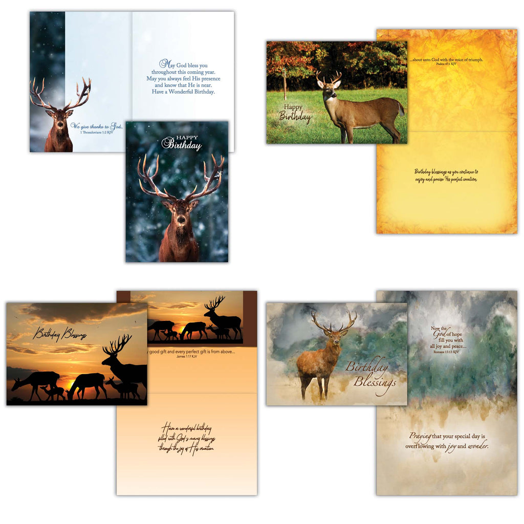 Collection of greeting cards featuring deer in various scenic backgrounds.