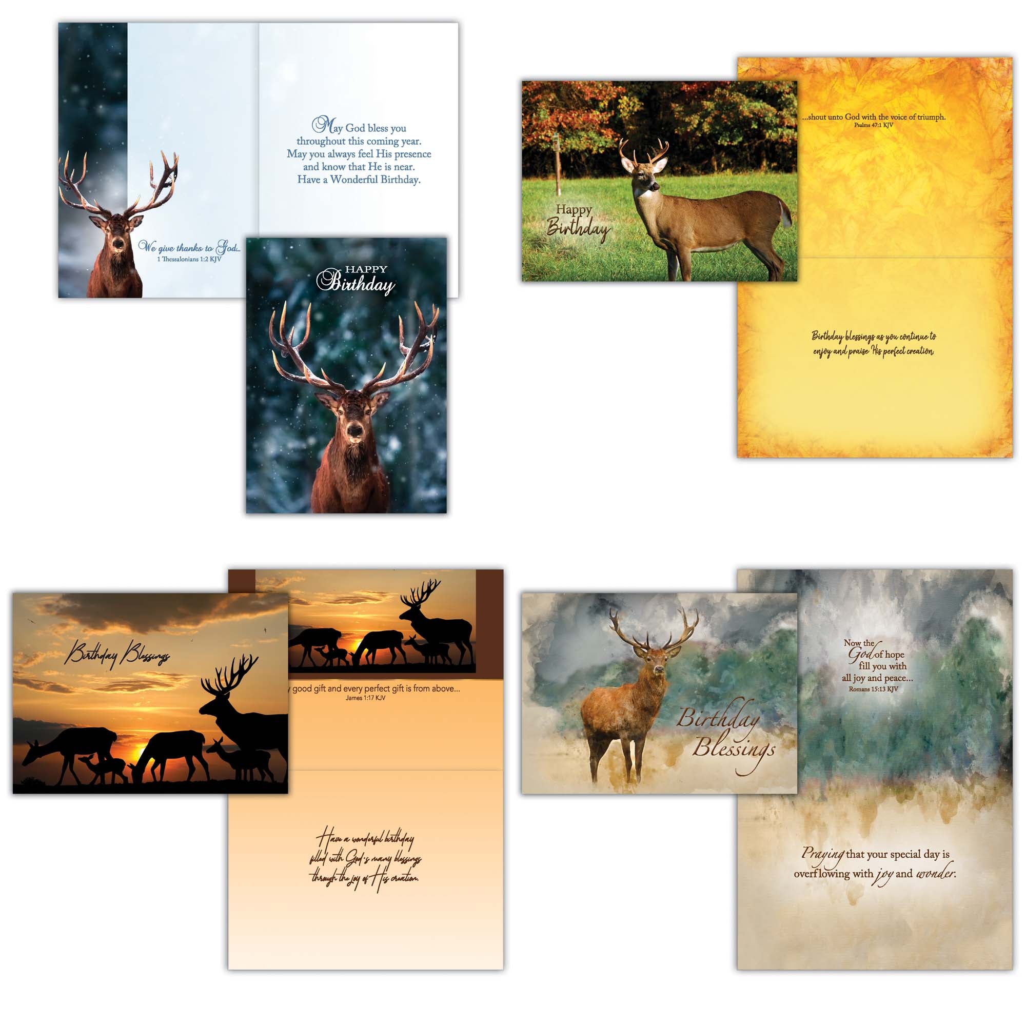 Collection of greeting cards featuring deer in various scenic backgrounds.