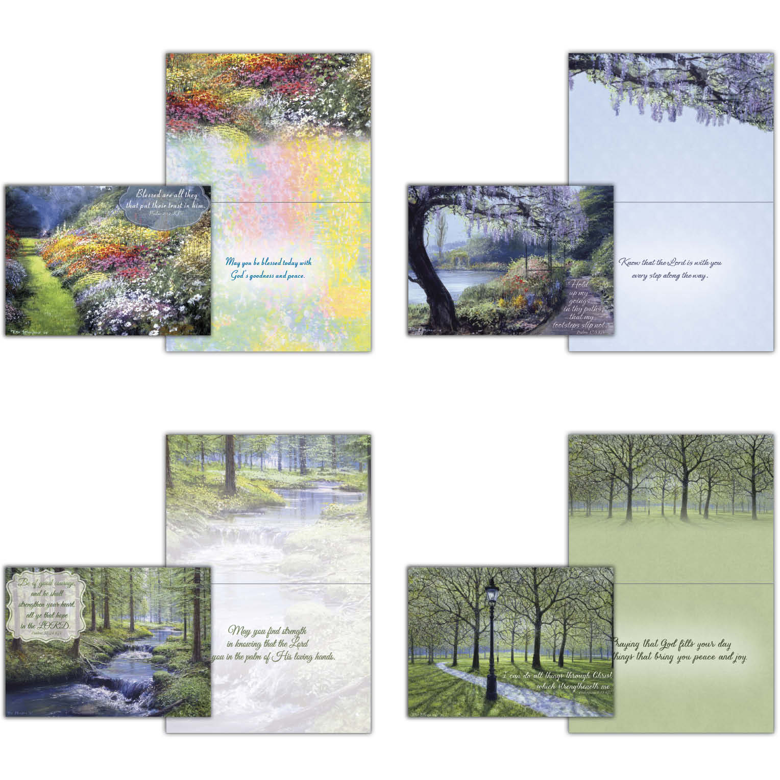 An assortment of religious encouragement greeting cards displayed in a neat arrangement. Each card features uplifting messages, Bible verses, and faith-inspired designs with soft pastel colors, floral patterns, and elegant typography.