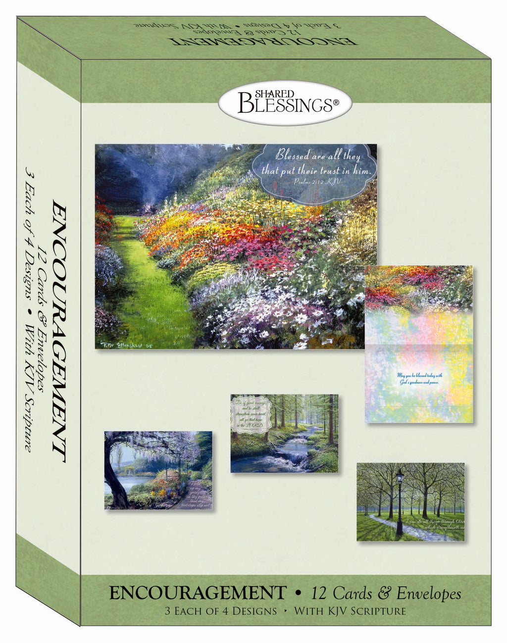 An assorted box of religious encouragement greeting cards displayed in a neat arrangement. Each card features uplifting messages, Bible verses, and faith-inspired designs with soft pastel colors, floral patterns, and elegant typography.