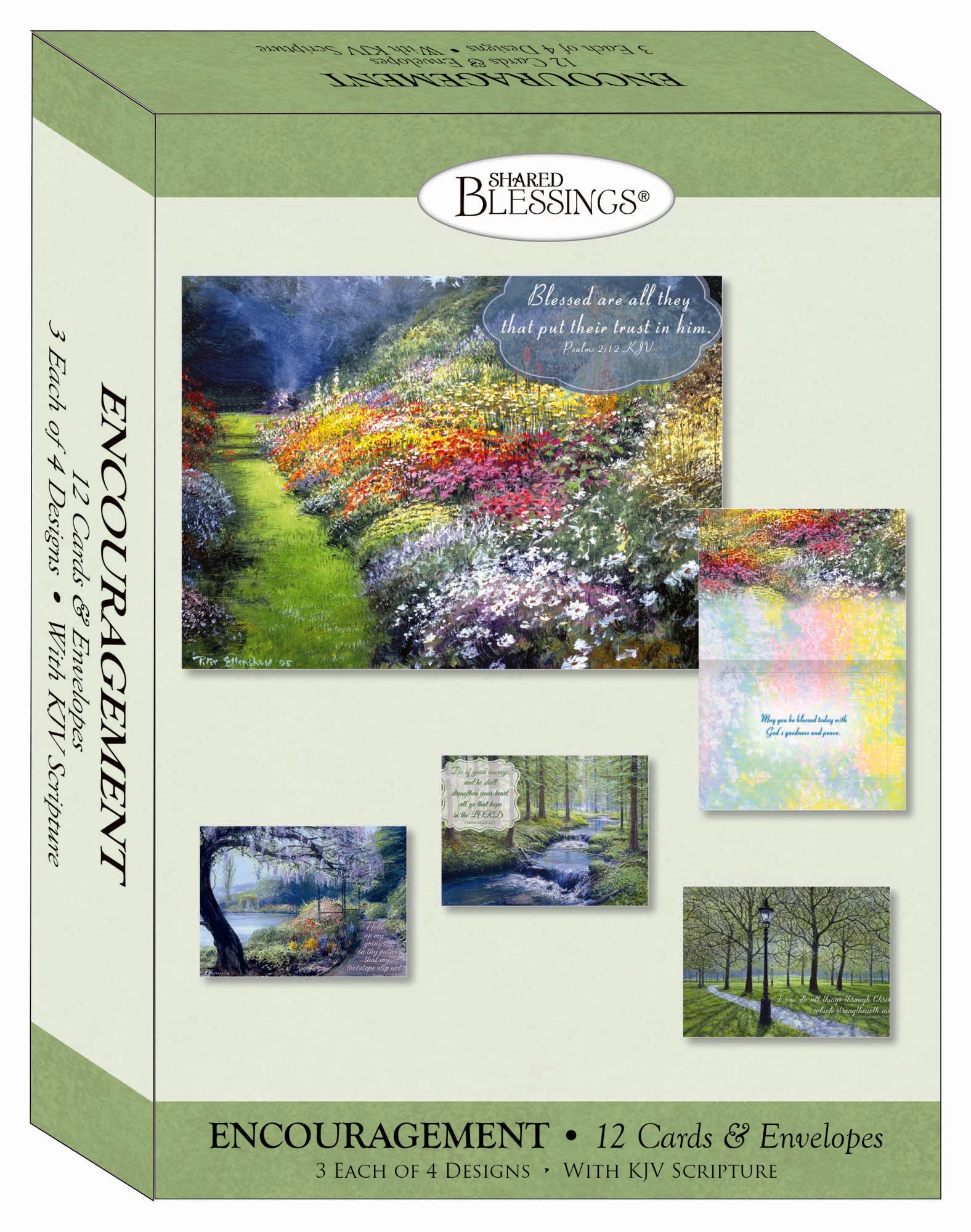 An assorted box of religious encouragement greeting cards displayed in a neat arrangement. Each card features uplifting messages, Bible verses, and faith-inspired designs with soft pastel colors, floral patterns, and elegant typography.