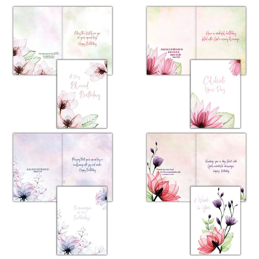 Birthday - Transparent Floral - Box of 12 Assorted Birthday Cards