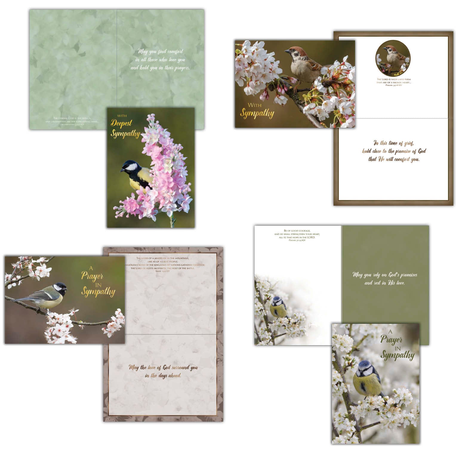 An assortment of religious sympathy greeting cards displayed in a neat arrangement. Each card features uplifting messages, Bible verses, and faith-inspired designs and elegant typography.
