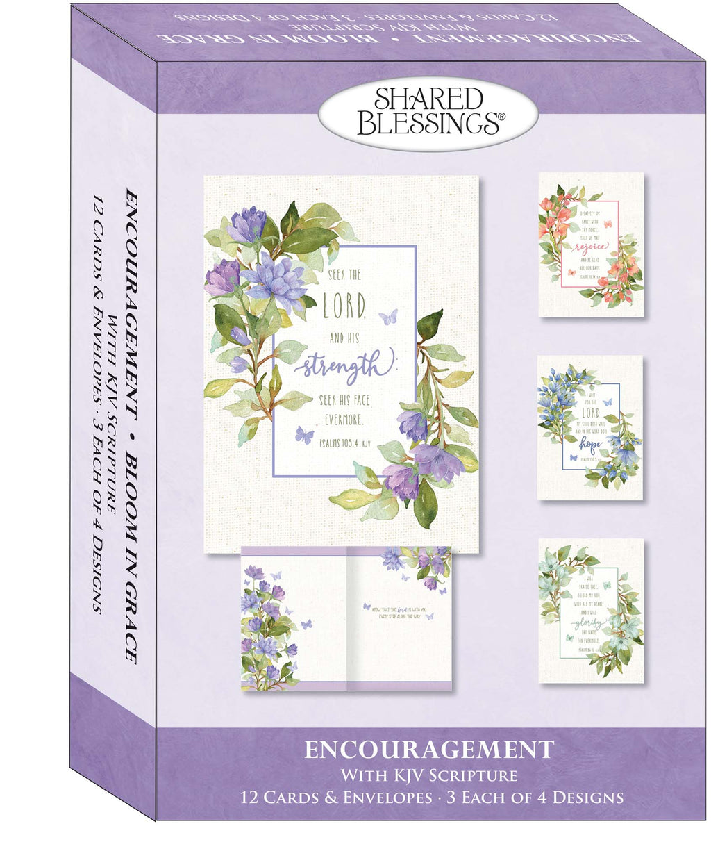 Box of 'Shared Blessings' encouragement cards with floral designs and KJV Scripture text.