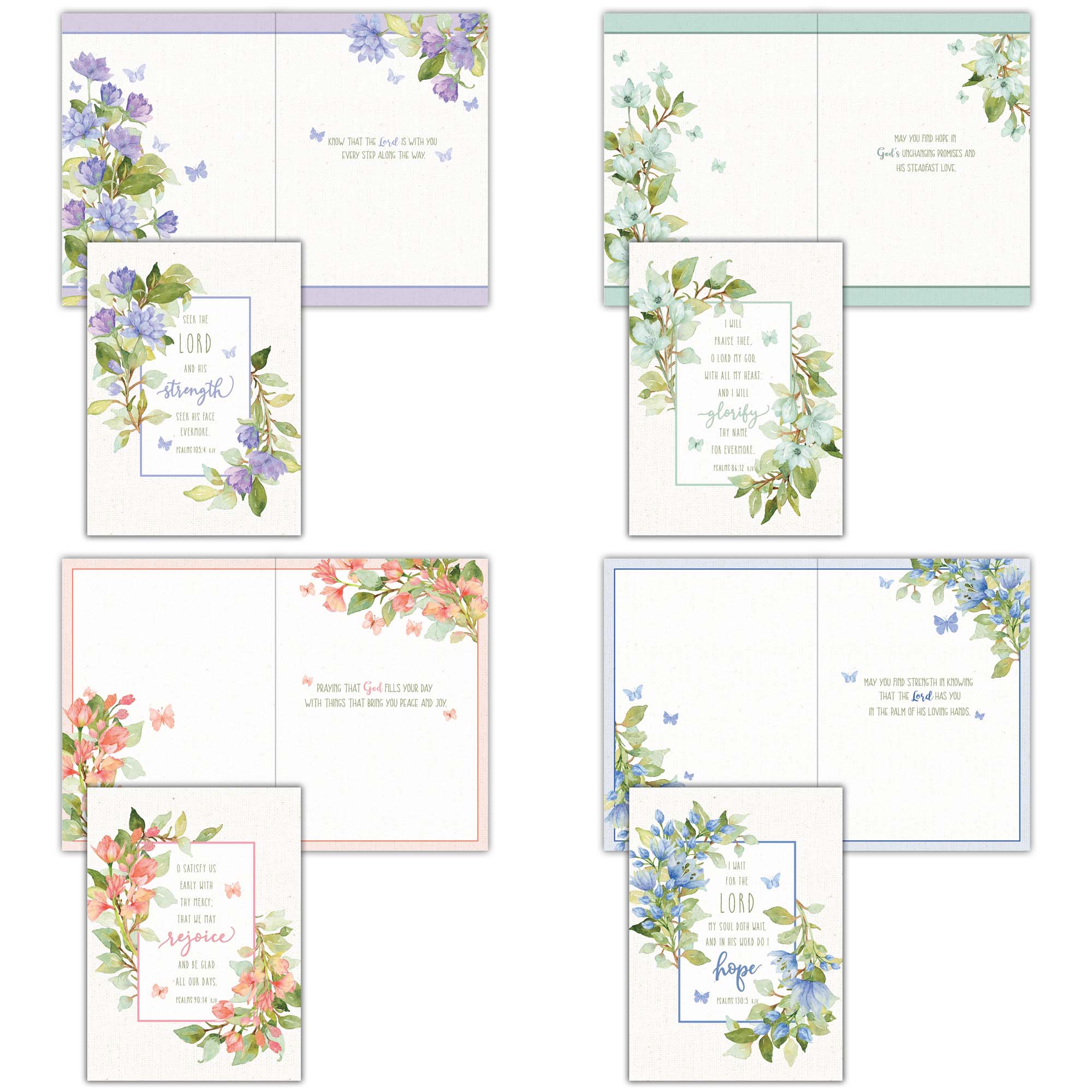 Set of floral cards with inspirational messages on a white background