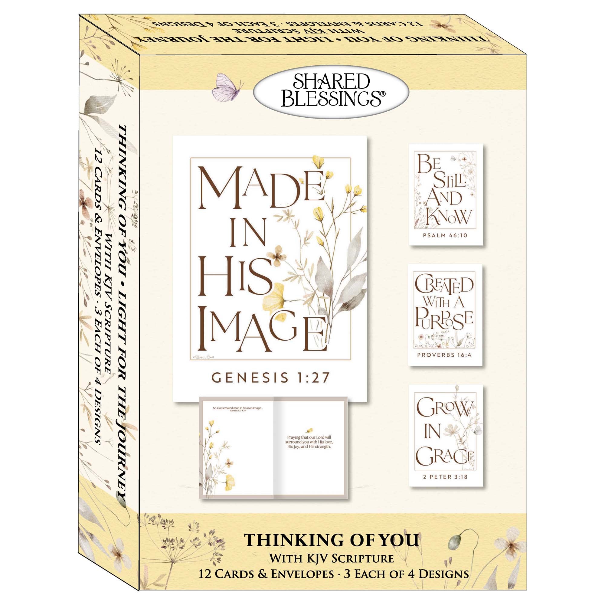 Box of 'Made in His Image' cards with KJV Scripture, featuring floral and text design.