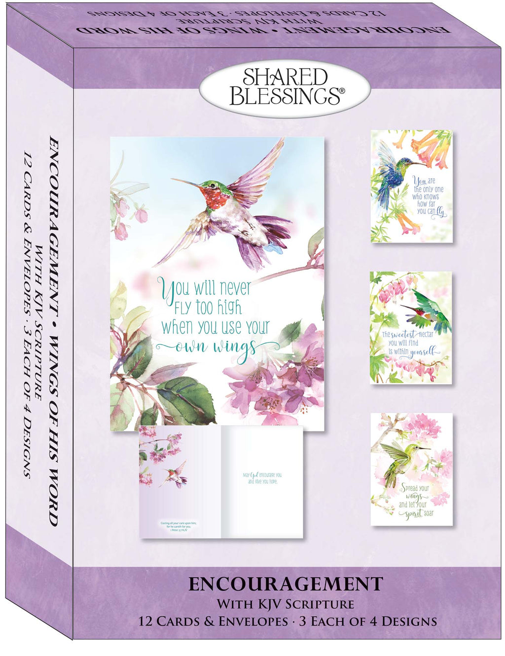 Box of 'Shared Blessings' encouragement cards with hummingbird illustrations and KJV Scripture text.