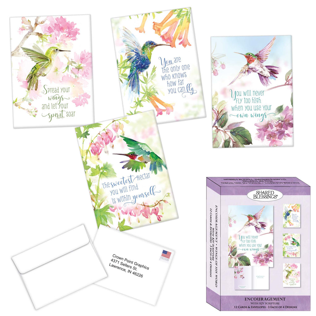 Set of greeting cards with hummingbird designs and motivational quotes, including a box packaging.