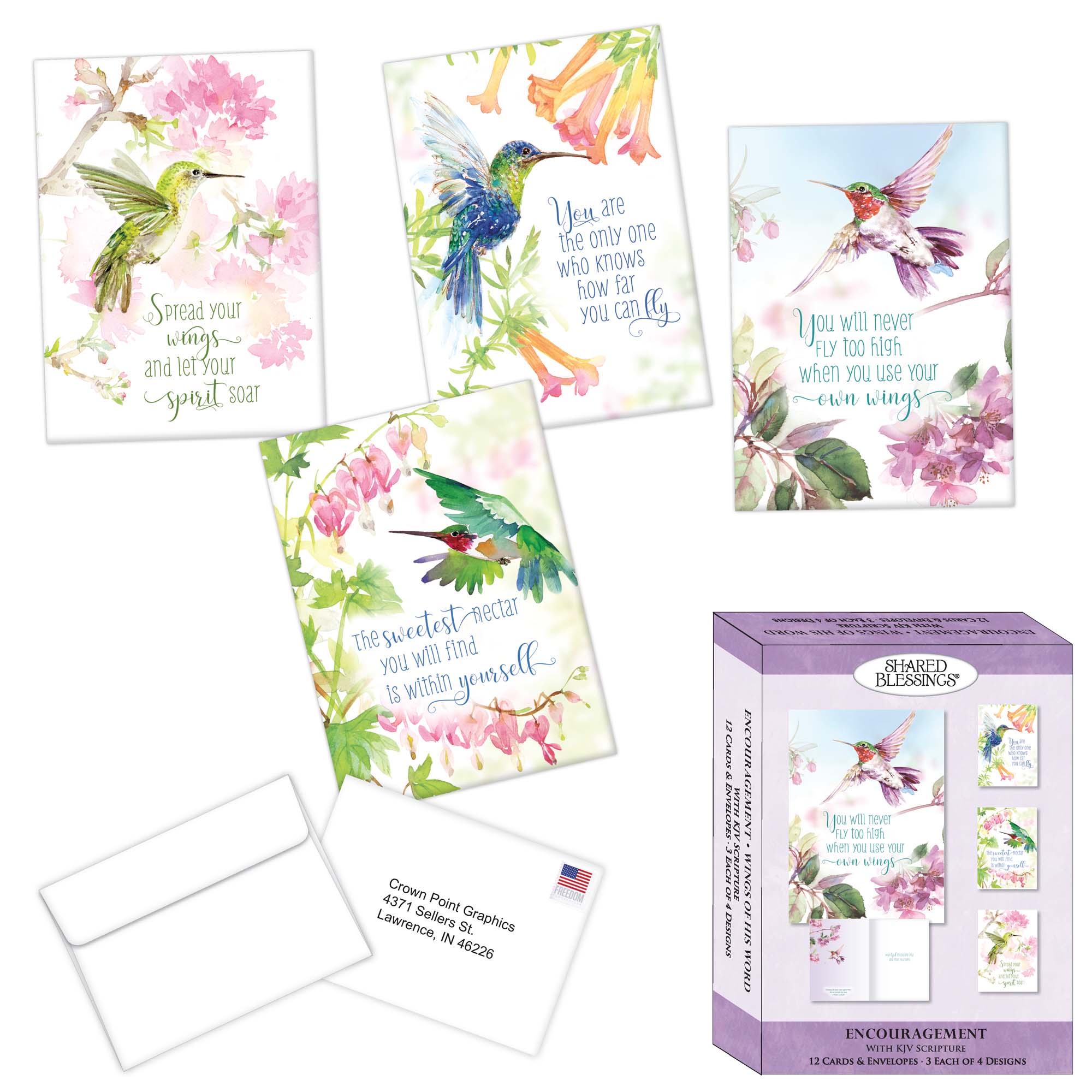 Set of greeting cards with hummingbird designs and motivational quotes, including a box packaging.