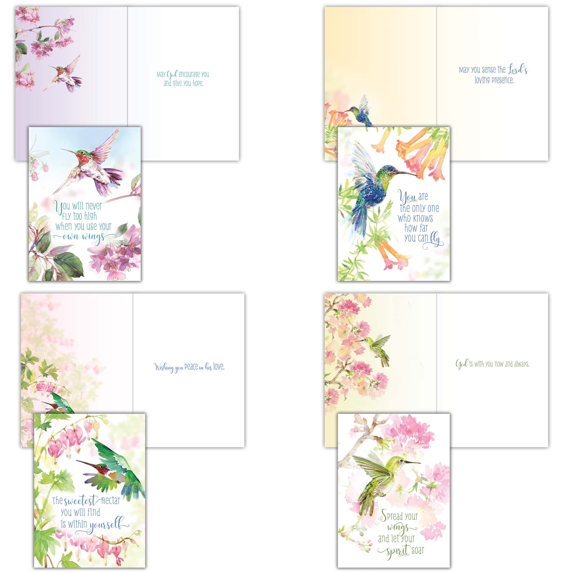 Set of greeting cards with floral and hummingbird designs on a white background