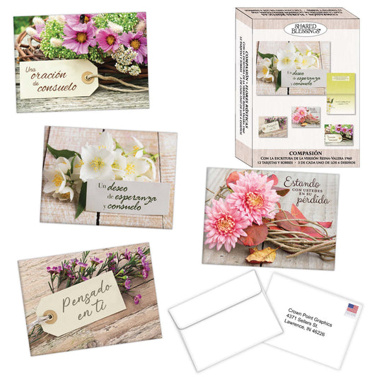 Christian Spanish Sympathy Cards by Shared Blessings, Flores Rústicas, 12 Cards and Envelopes