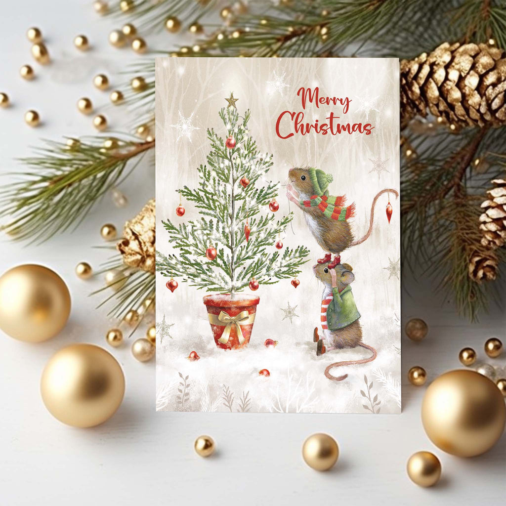 Religious Scripture Christmas Card on White Background with Gold Ornaments.