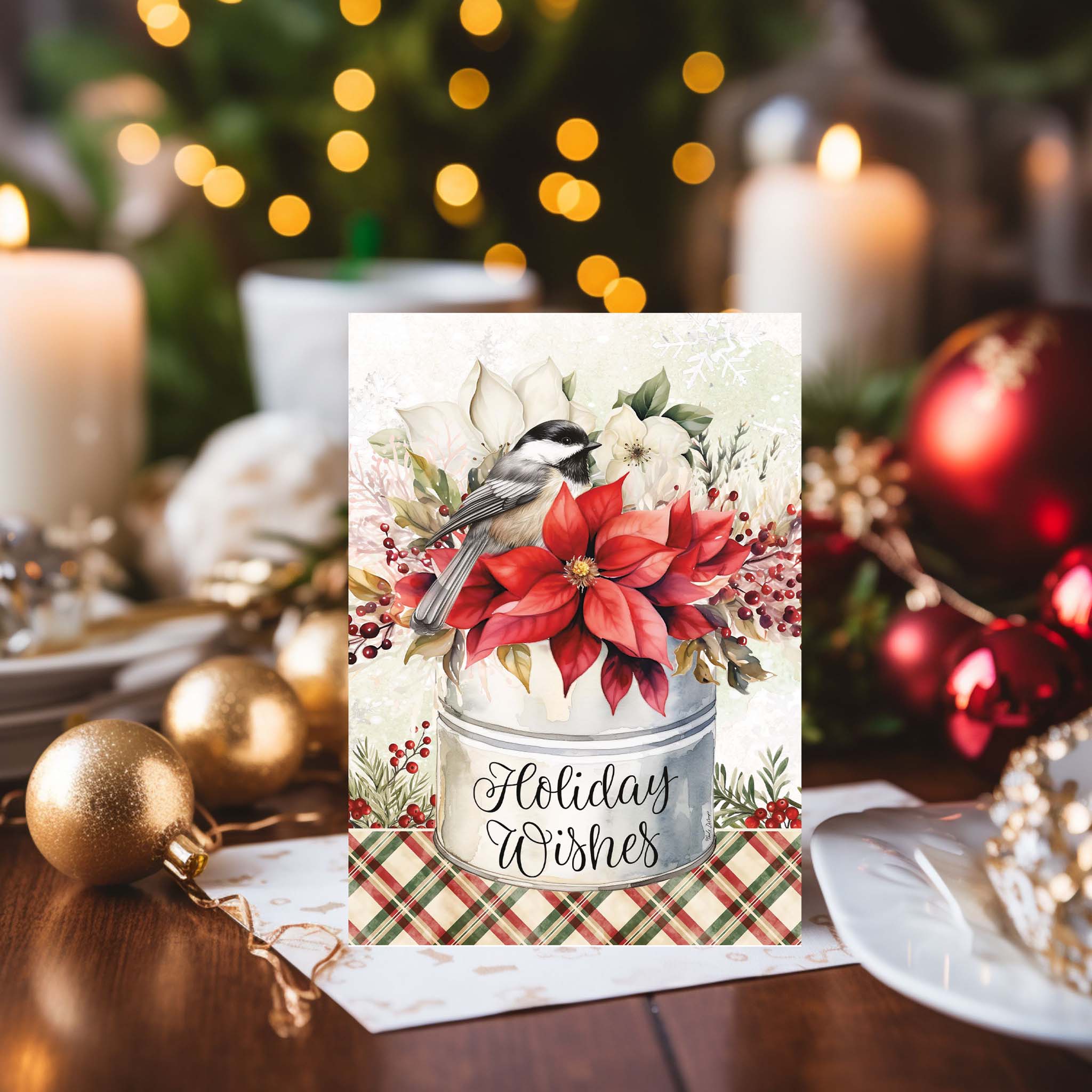 Christian Christmas Card on Table with Ornaments and Candles