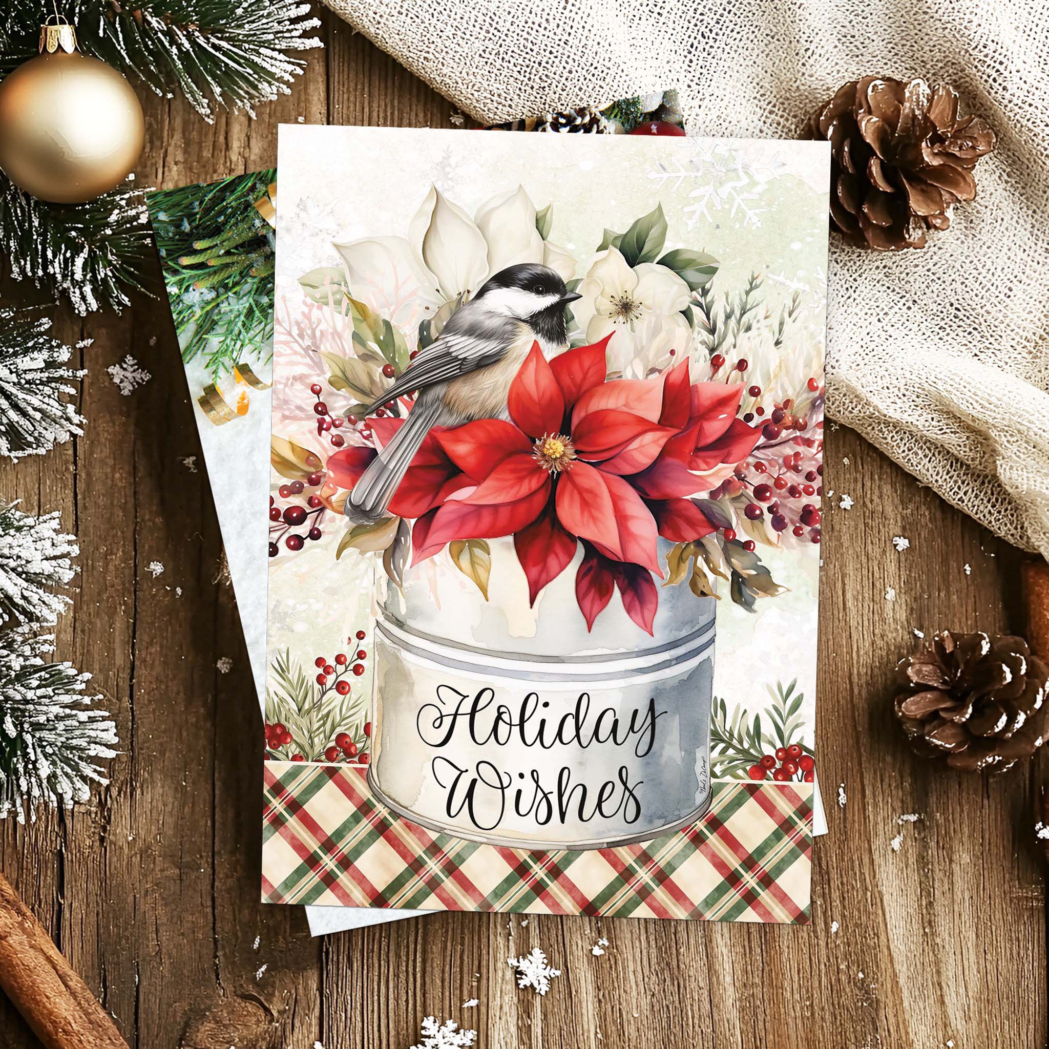 Christian Holiday Card on Table with Pinecones