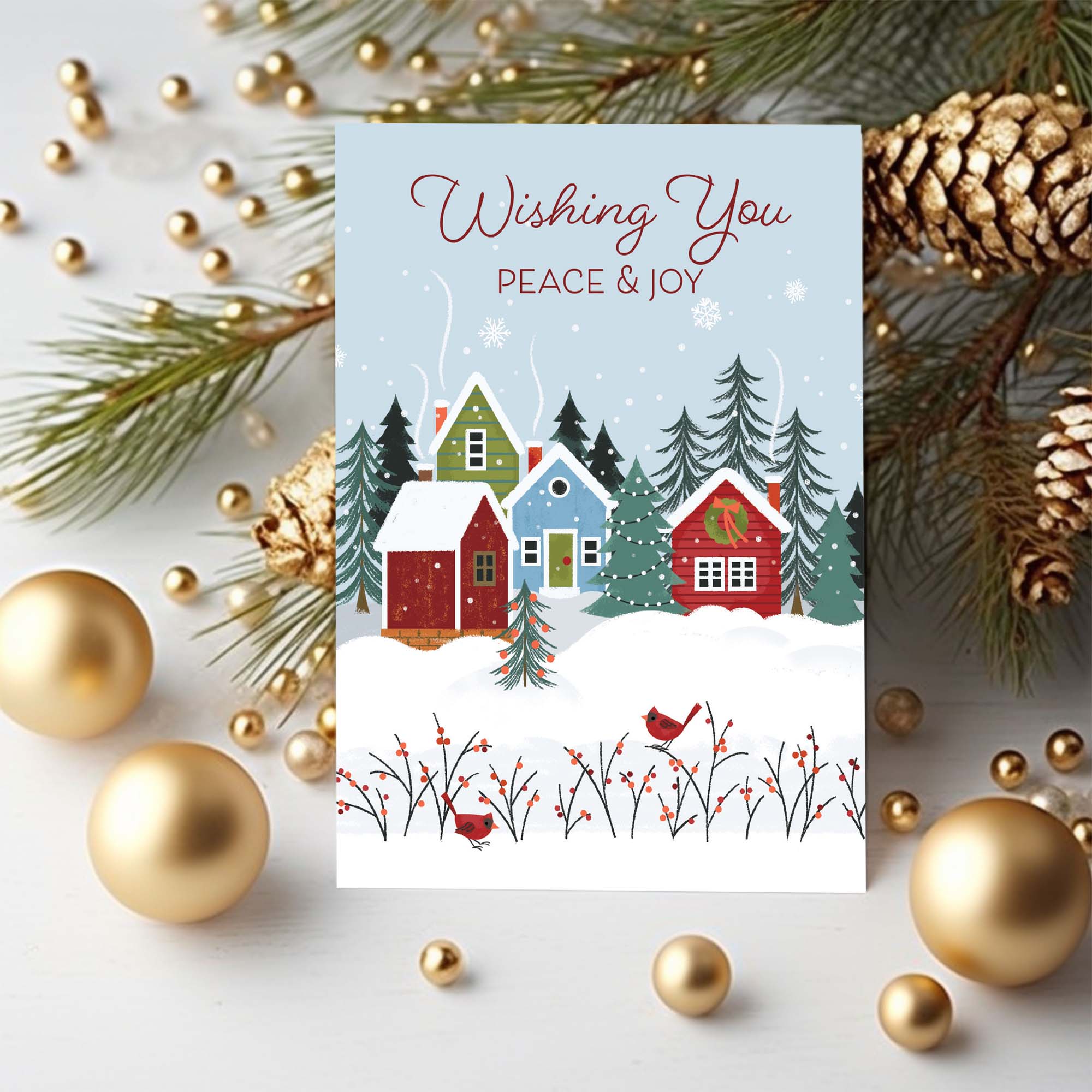 Christmas card with houses and trees surrounded by gold ornaments and pine branches.